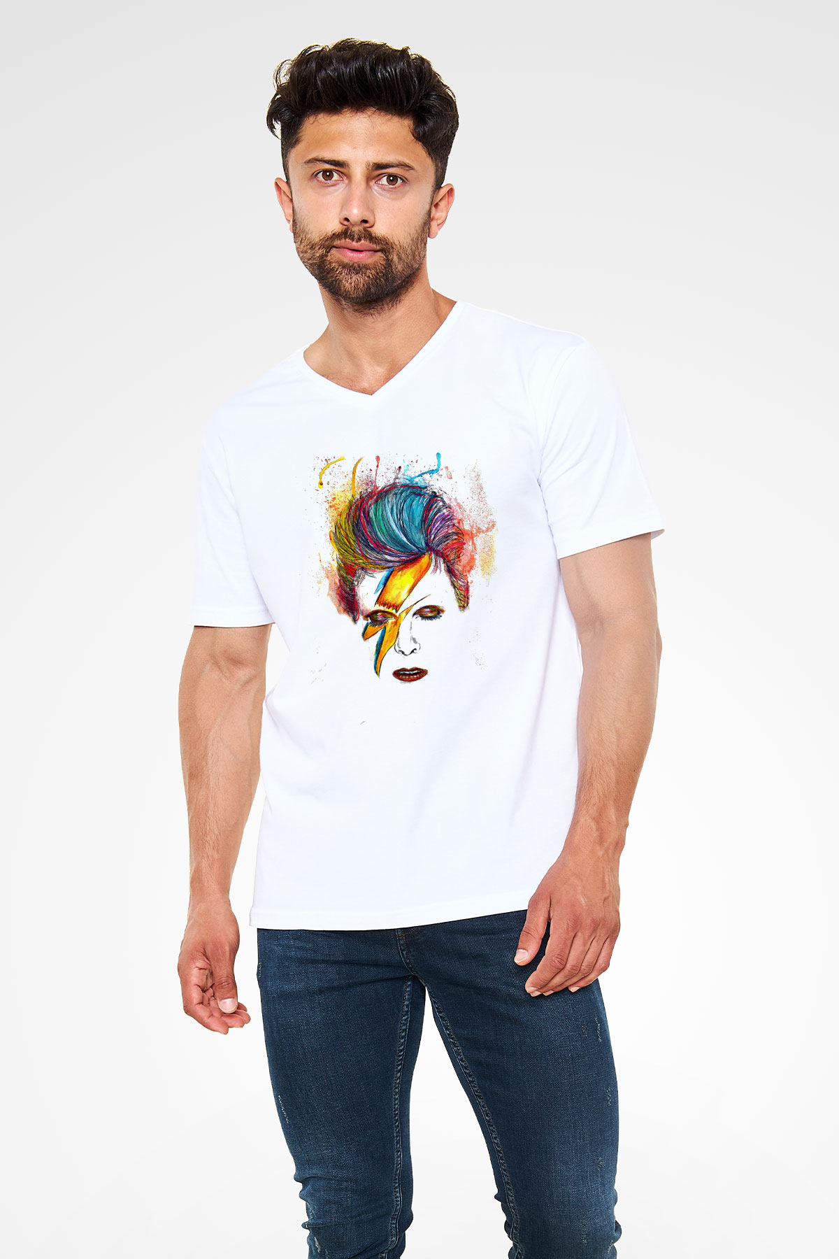 David Bowie Baskılı Beyaz Unisex V Yaka Tişört - Tshirt