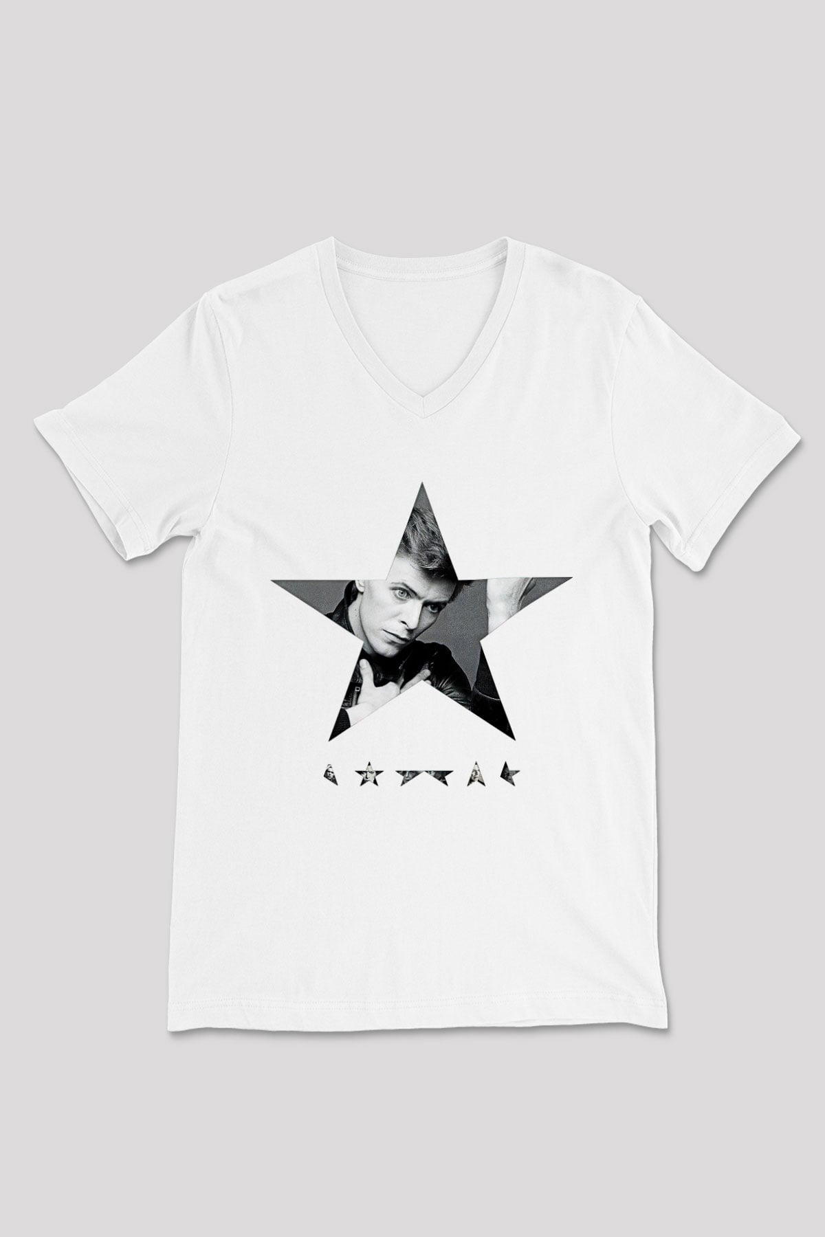 David Bowie Baskılı Beyaz Unisex V Yaka Tişört - Tshirt