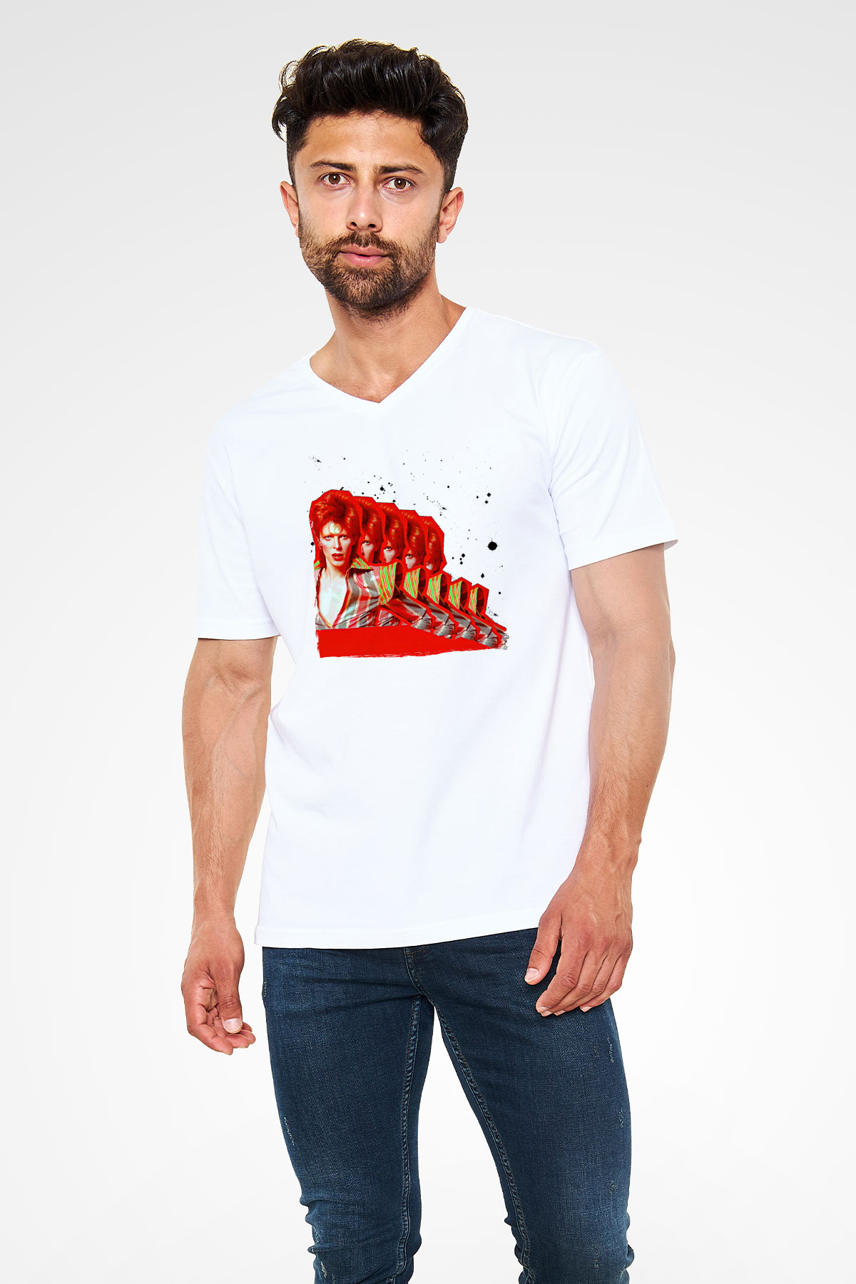 David Bowie Baskılı Beyaz Unisex V Yaka Tişört - Tshirt