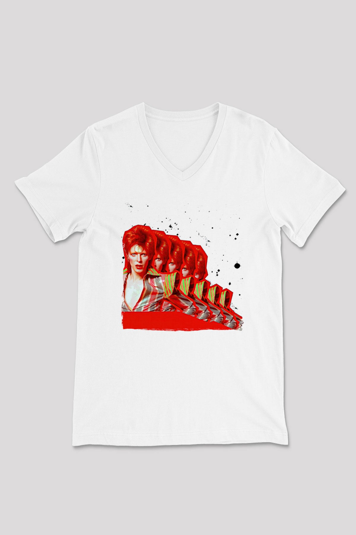 David Bowie Baskılı Beyaz Unisex V Yaka Tişört - Tshirt