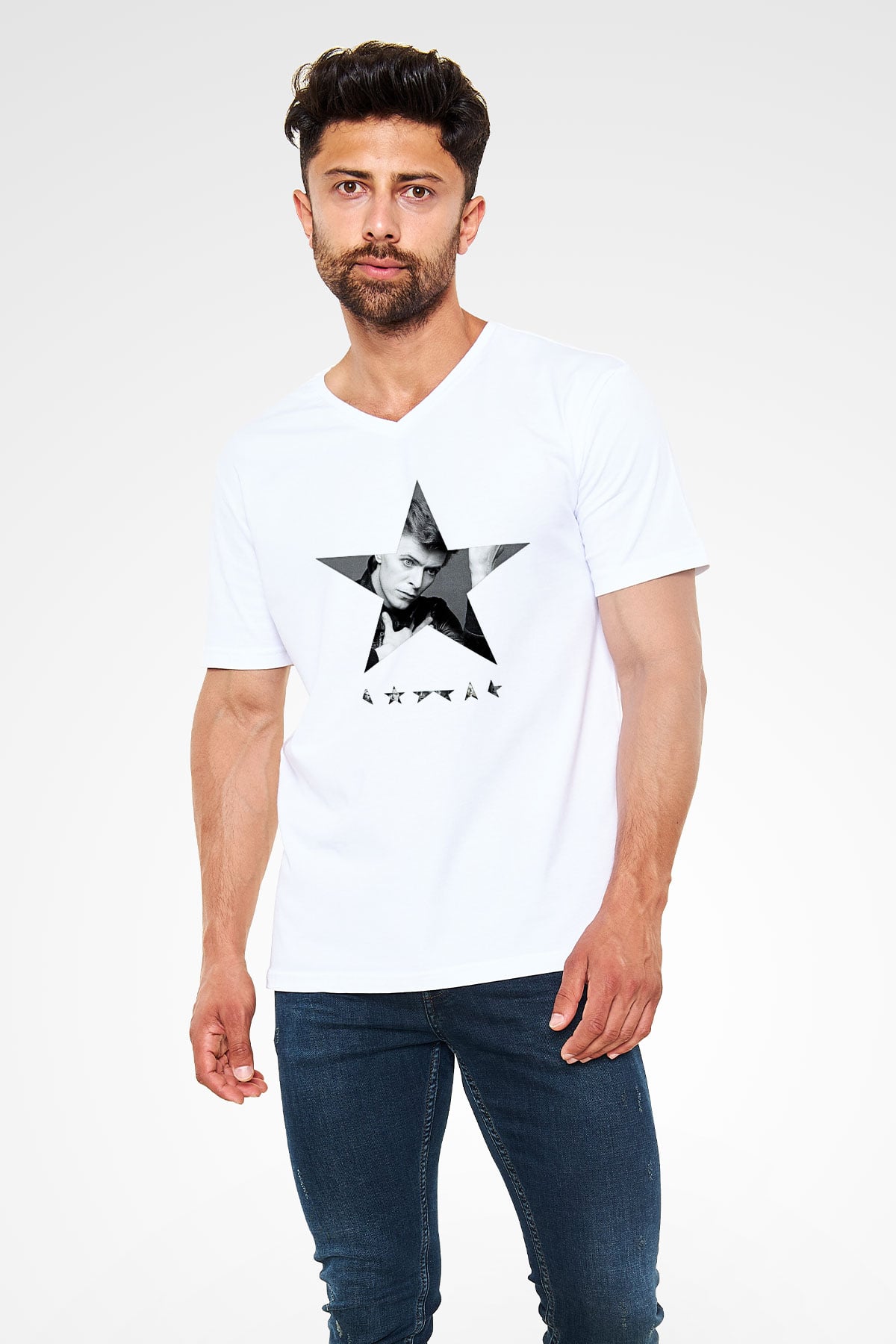 David Bowie Baskılı Beyaz Unisex V Yaka Tişört - Tshirt