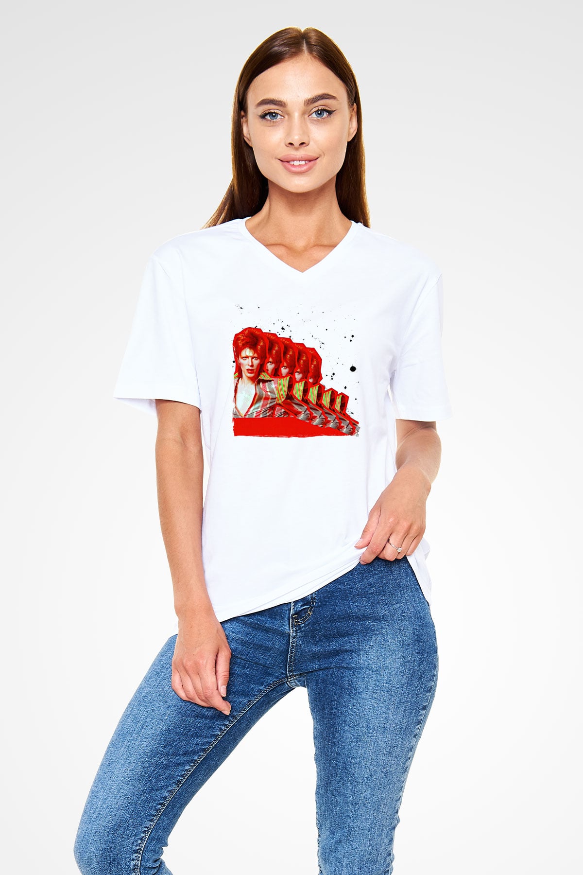 David Bowie Baskılı Beyaz Unisex V Yaka Tişört - Tshirt