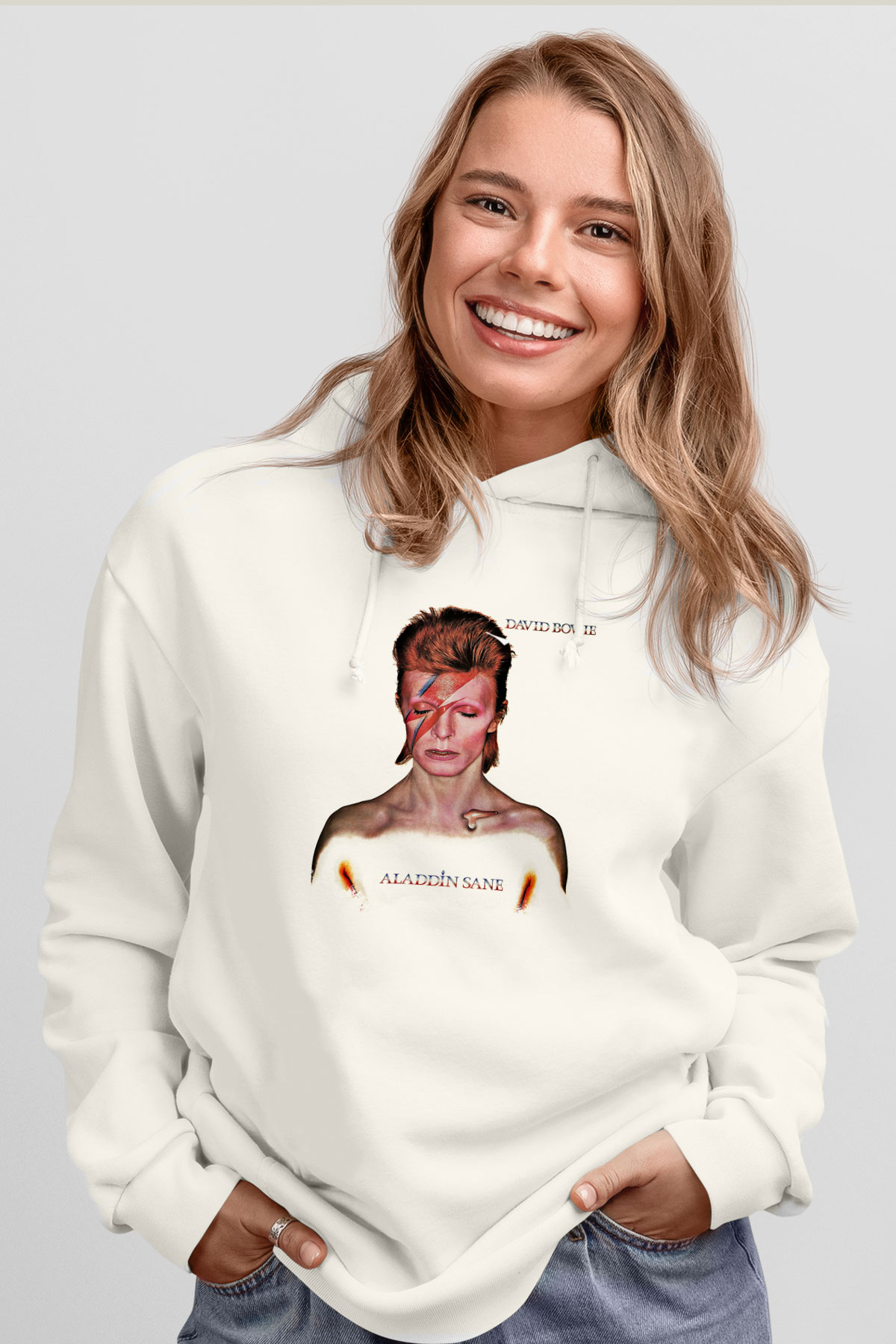 David Bowie Baskılı Unisex Beyaz Hoodie