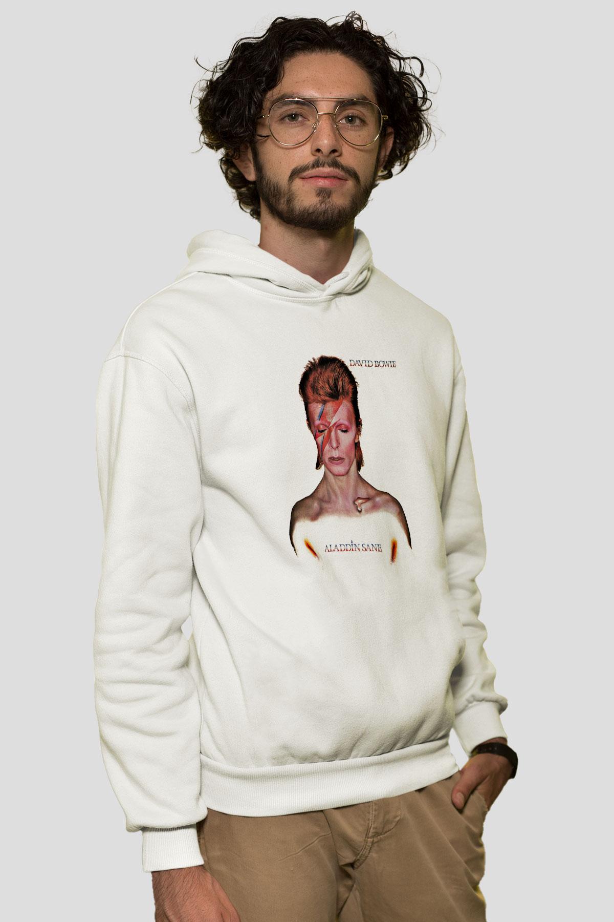 David Bowie Baskılı Unisex Beyaz Hoodie