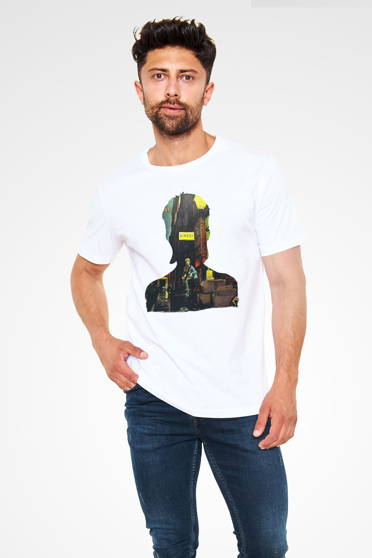David Bowie Baskılı Unisex Beyaz Tişört - Tshirt