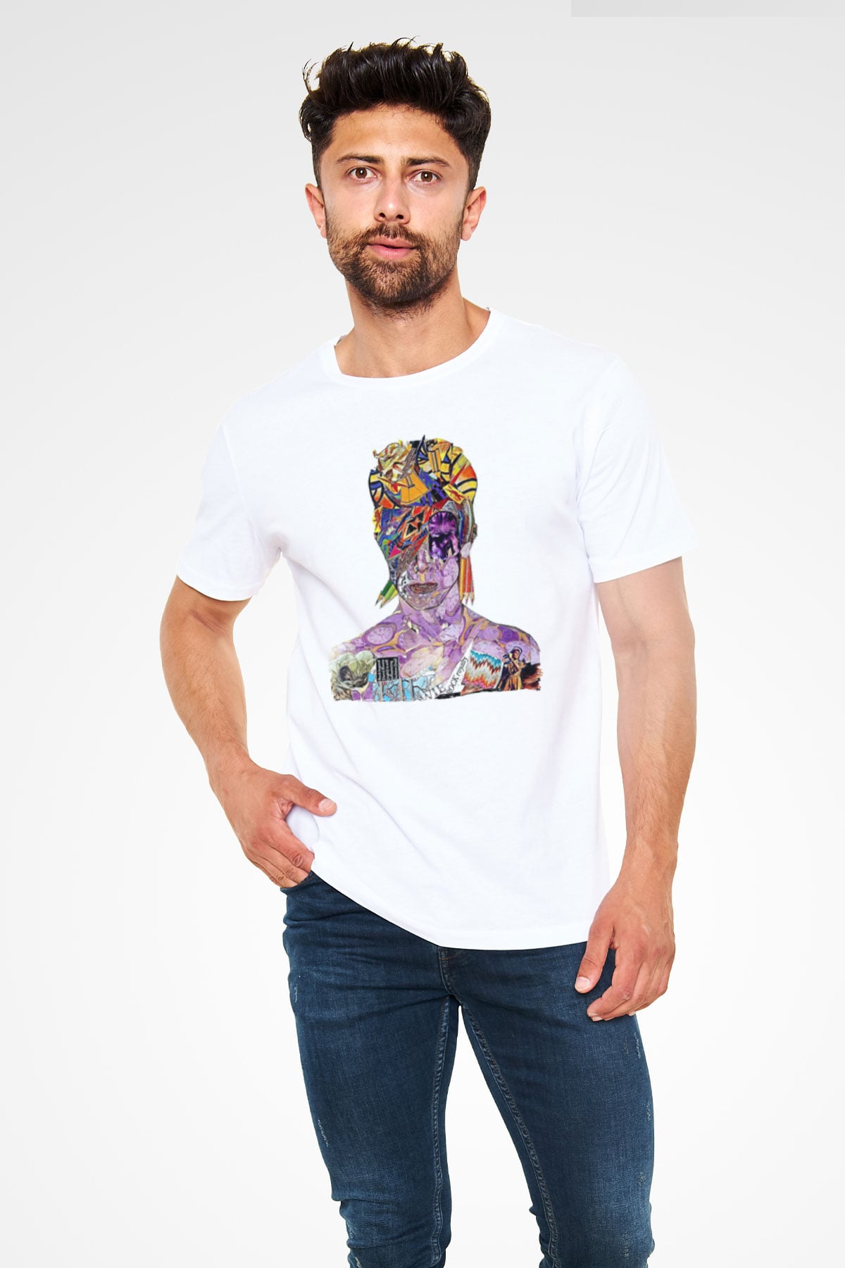 David Bowie Baskılı Unisex Beyaz Tişört - Tshirt