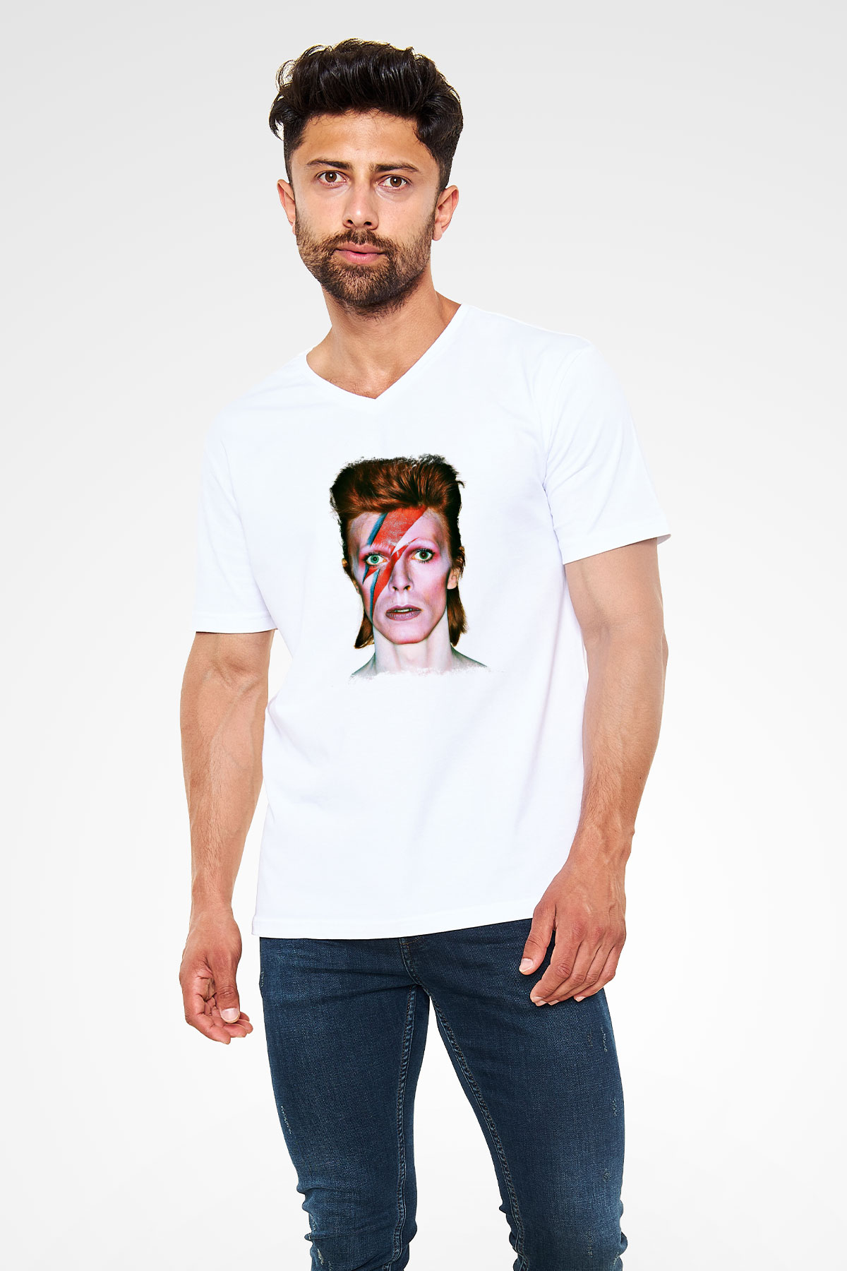 David Bowie Baskılı Unisex Beyaz V Yaka Tişört