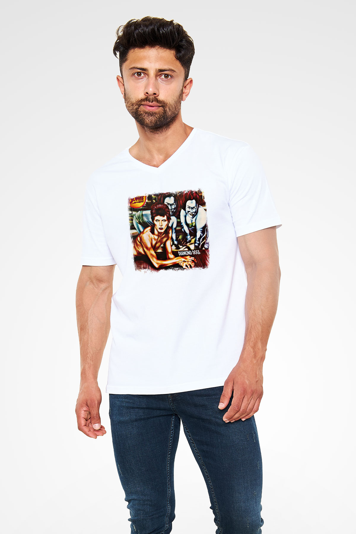 David Bowie Baskılı Unisex Beyaz V Yaka Tişört
