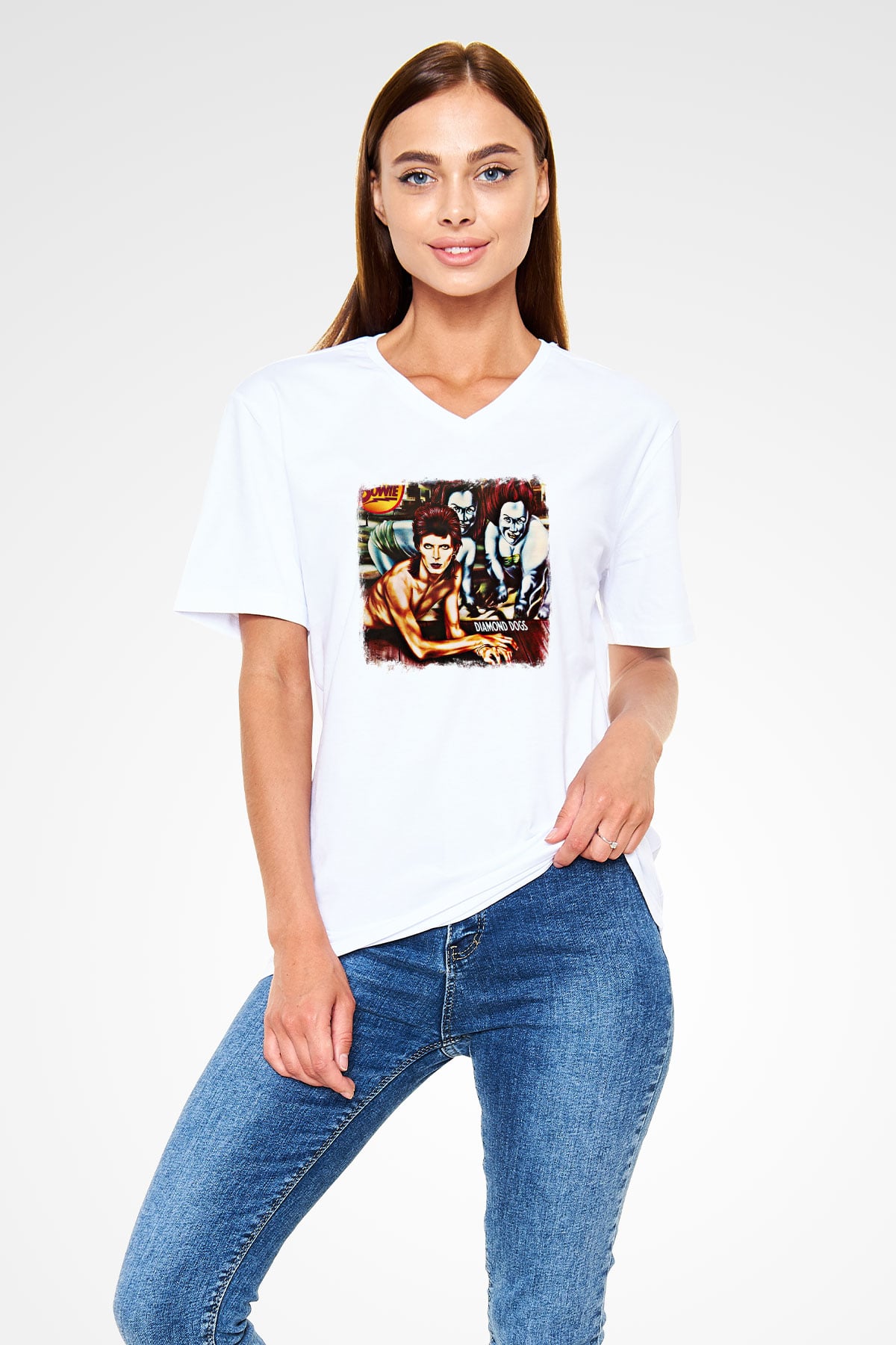 David Bowie Baskılı Unisex Beyaz V Yaka Tişört