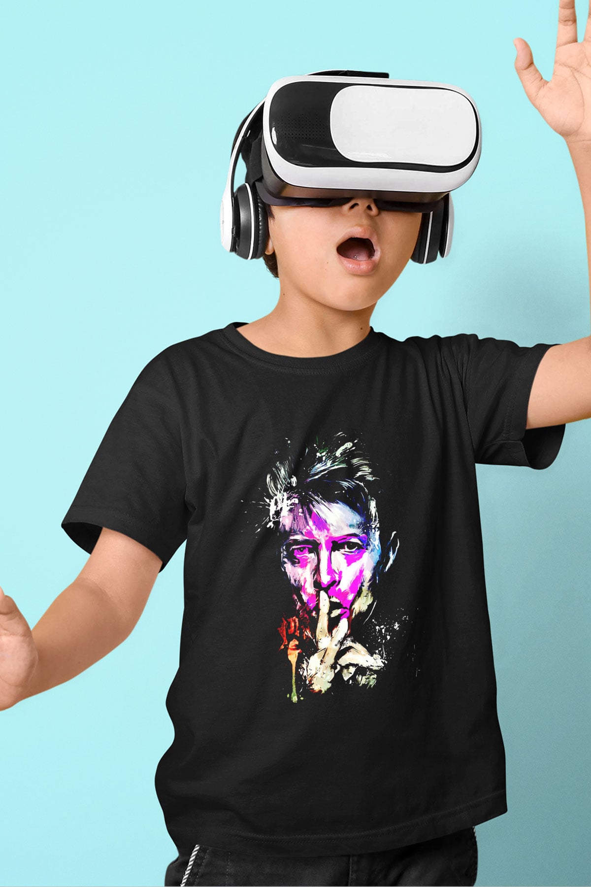 David Bowie Baskılı Unisex Siyah Çocuk Tişört - Tshirt