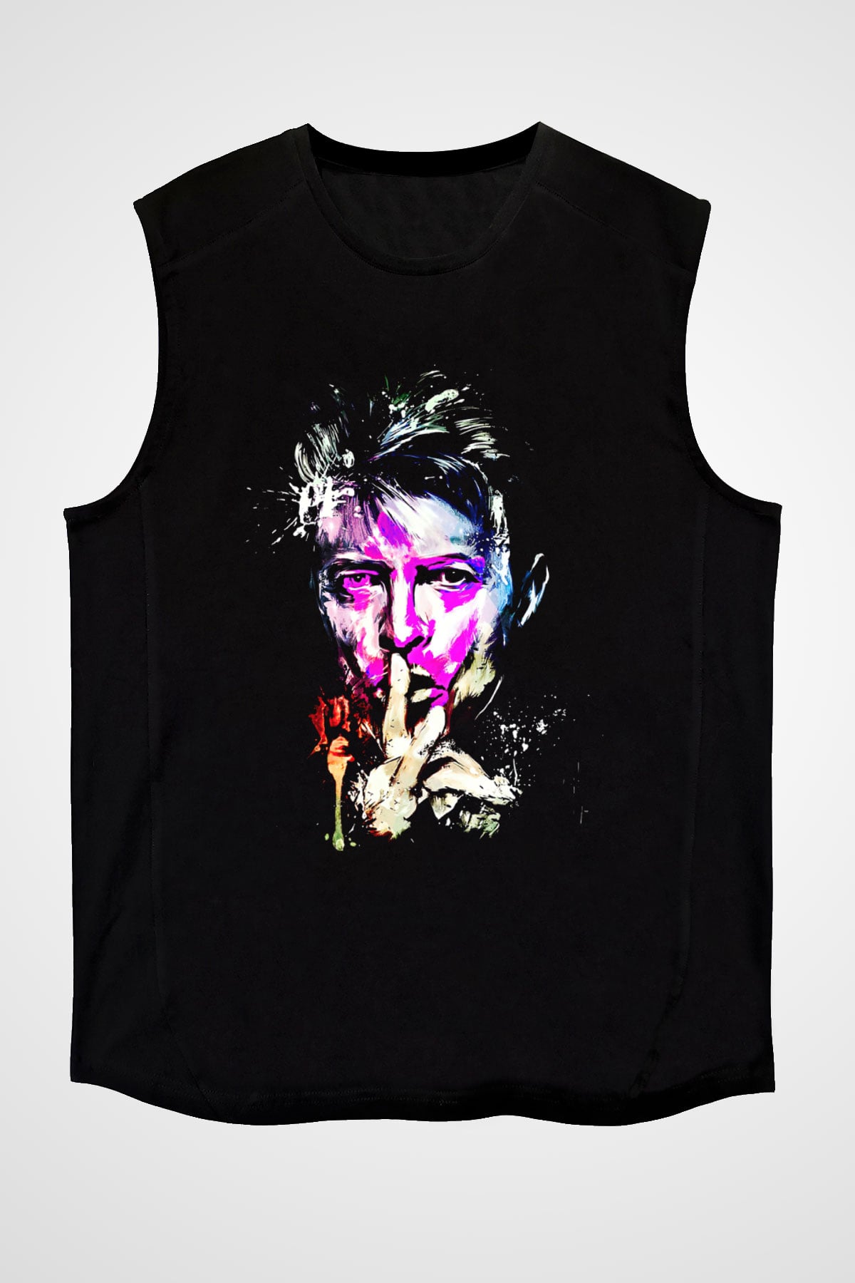 David Bowie Baskılı Unisex Siyah Kolsuz Tişört - Tshirt