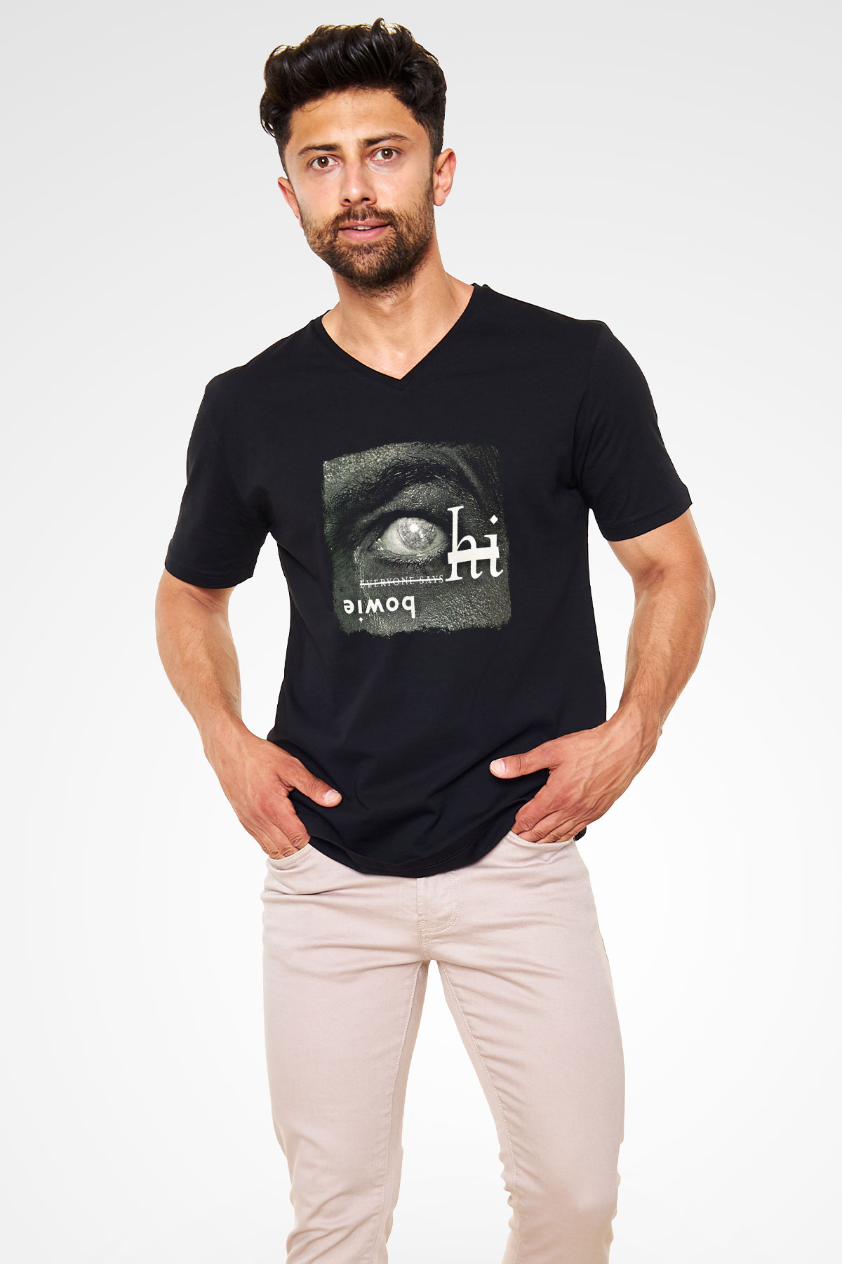 David Bowie Baskılı Unisex Siyah V Yaka Tişört