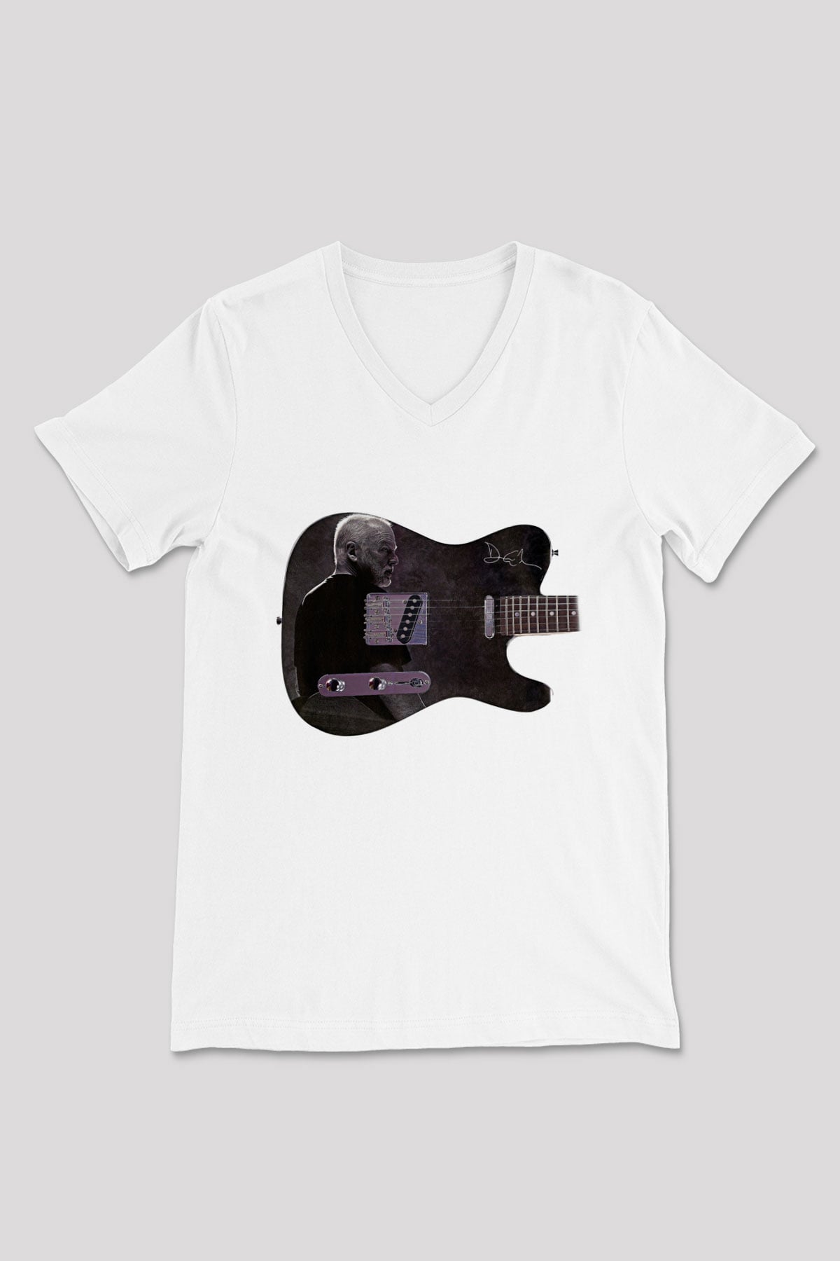 David Gilmour Baskılı Beyaz Unisex V Yaka Tişört - Tshirt