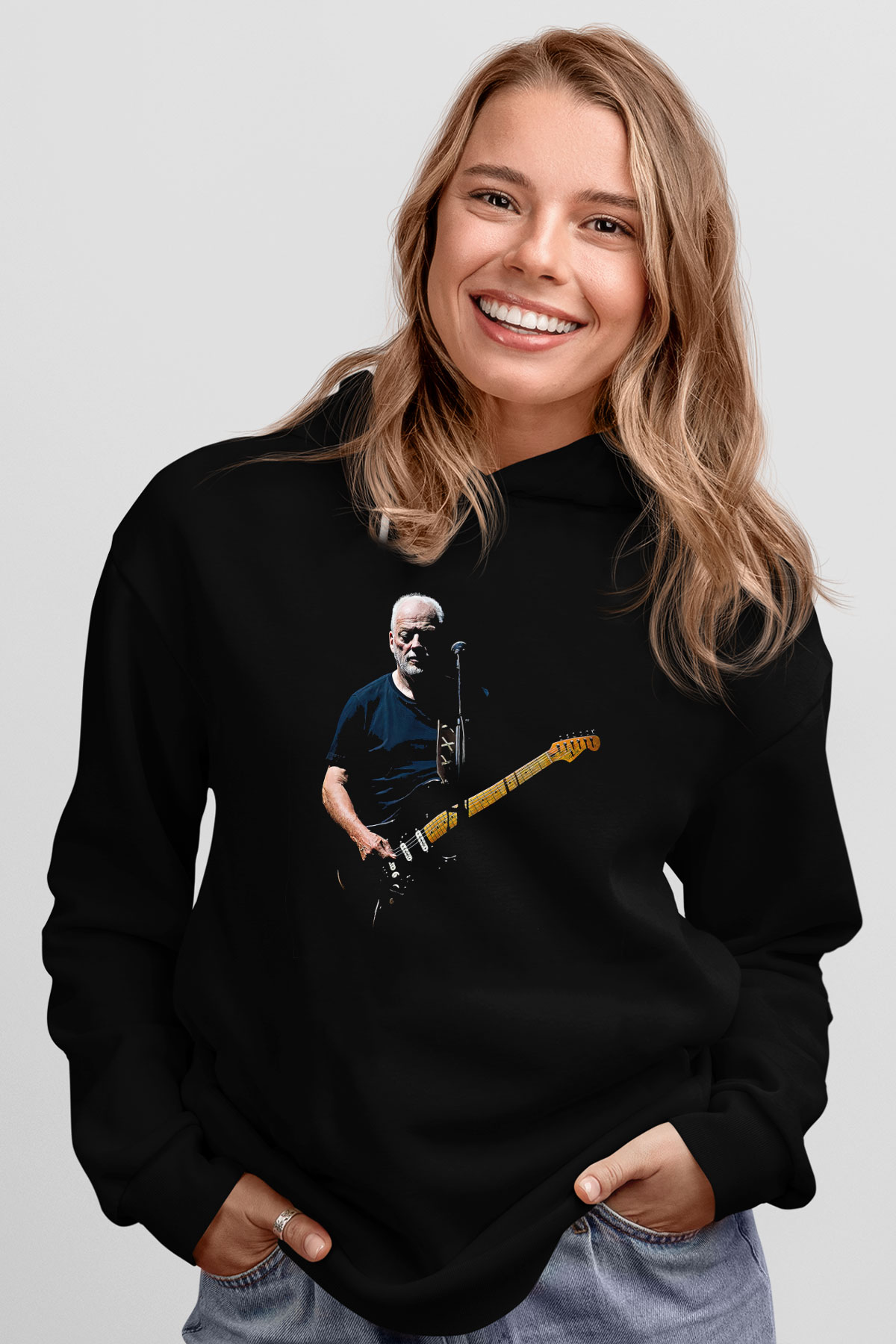 David Gilmour Baskılı Unisex Siyah Kapüşonlu Sweatshirt