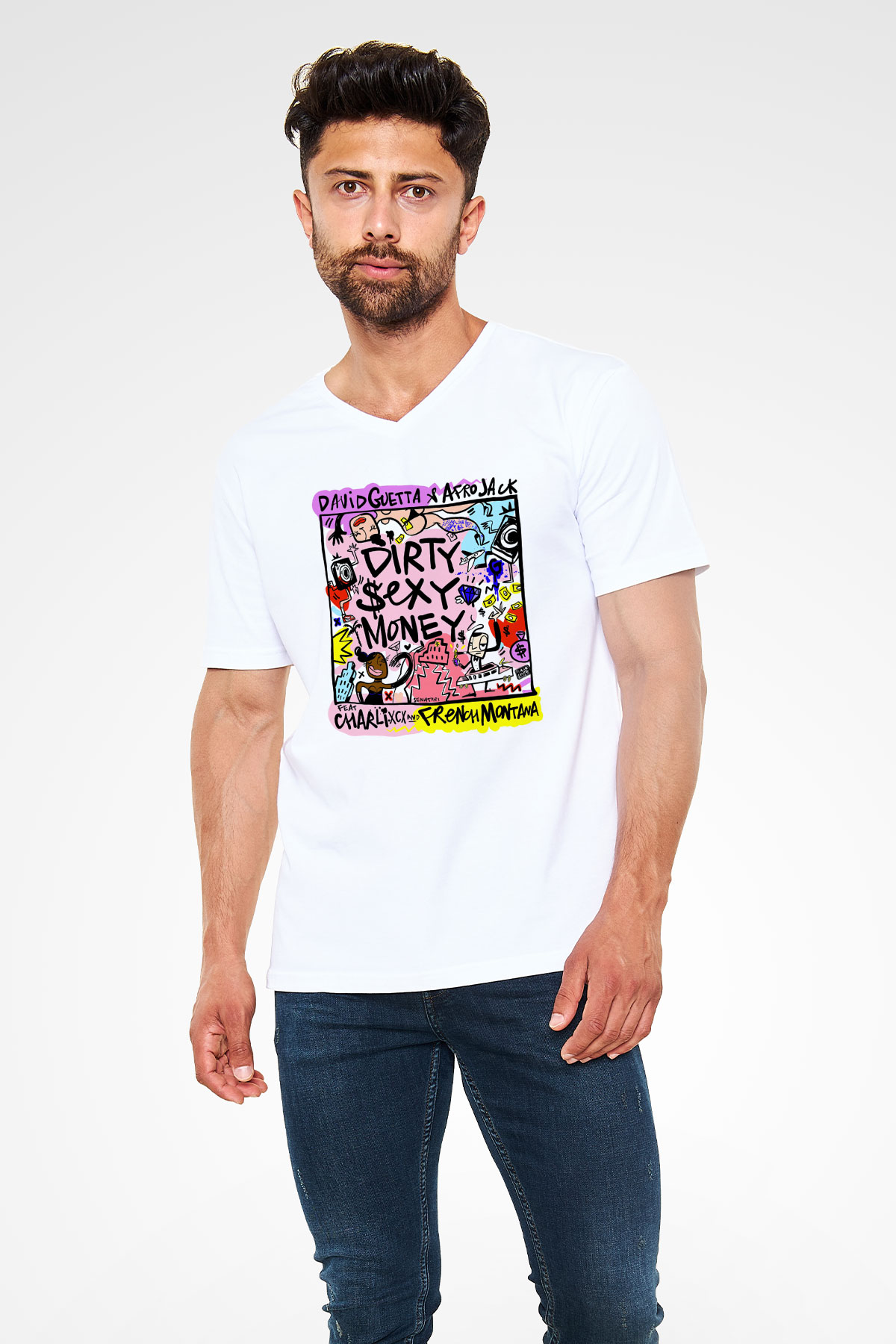 David Guetta Beyaz Unisex V Yaka Tişört