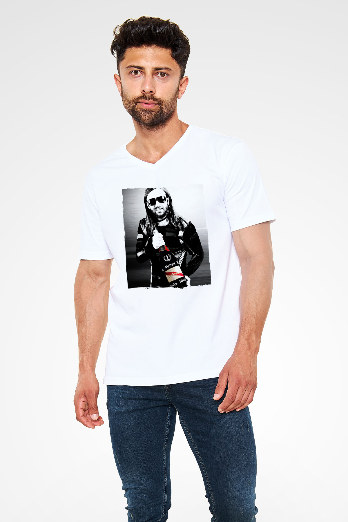 David Guetta Beyaz Unisex V Yaka Tişört