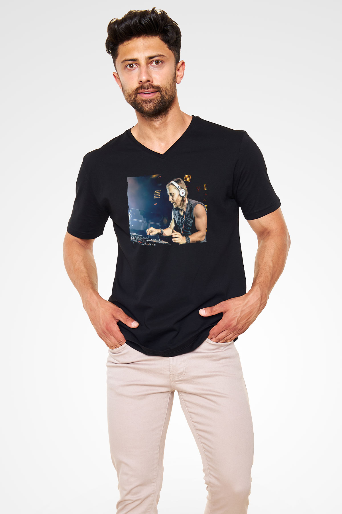 David Guetta Siyah Unisex V Yaka Tişört