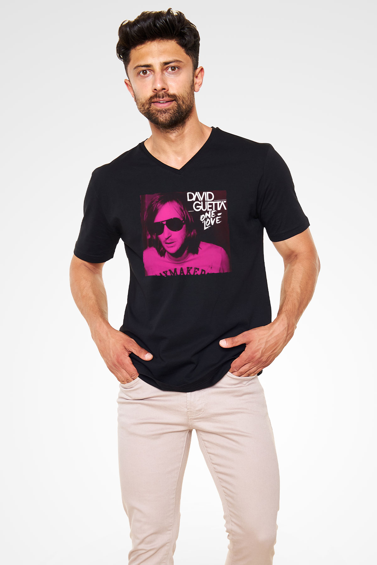 David Guetta Siyah Unisex V Yaka Tişört