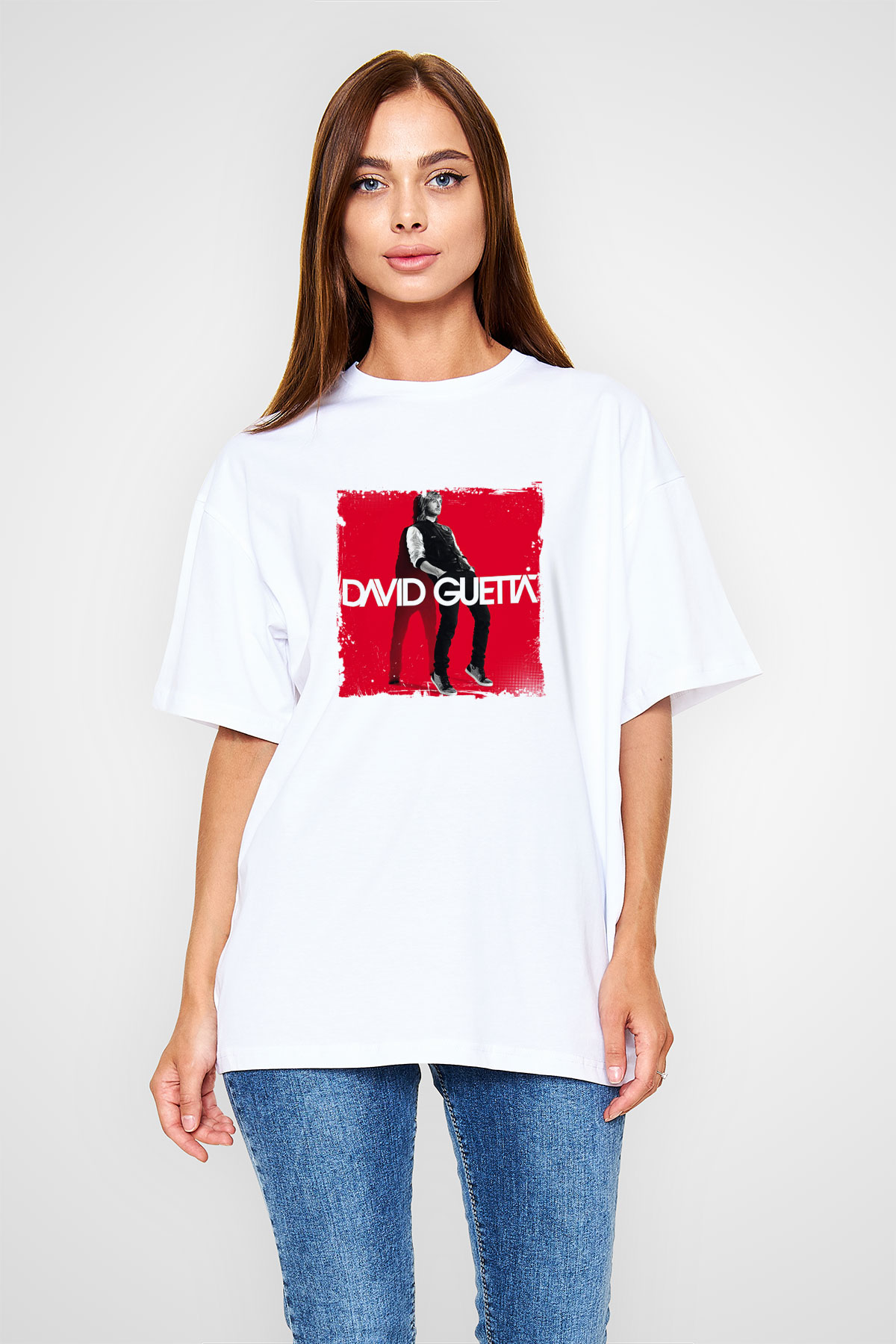 David GuettaBaskılı Beyaz Oversize Tişört