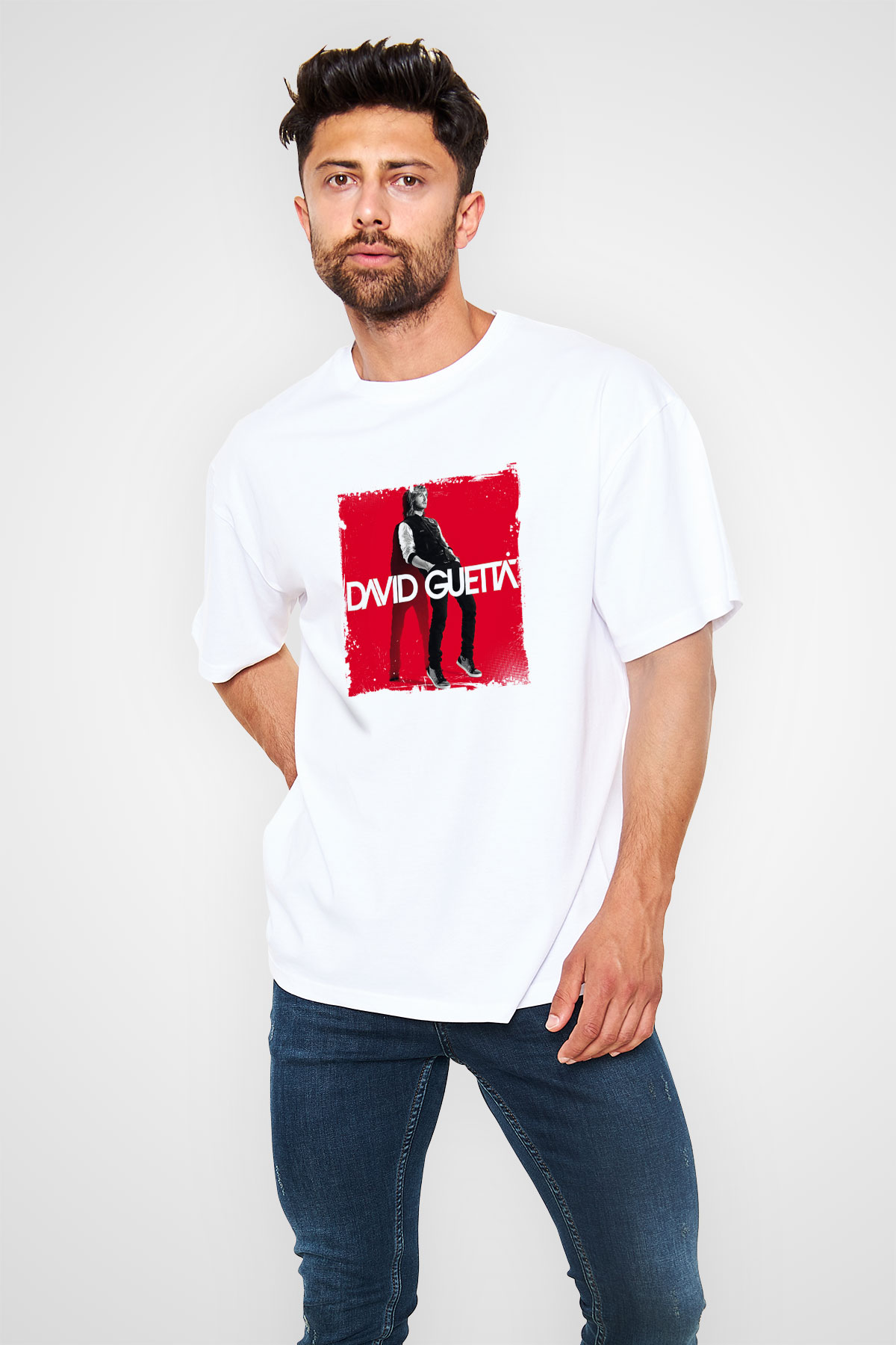 David GuettaBaskılı Beyaz Oversize Tişört
