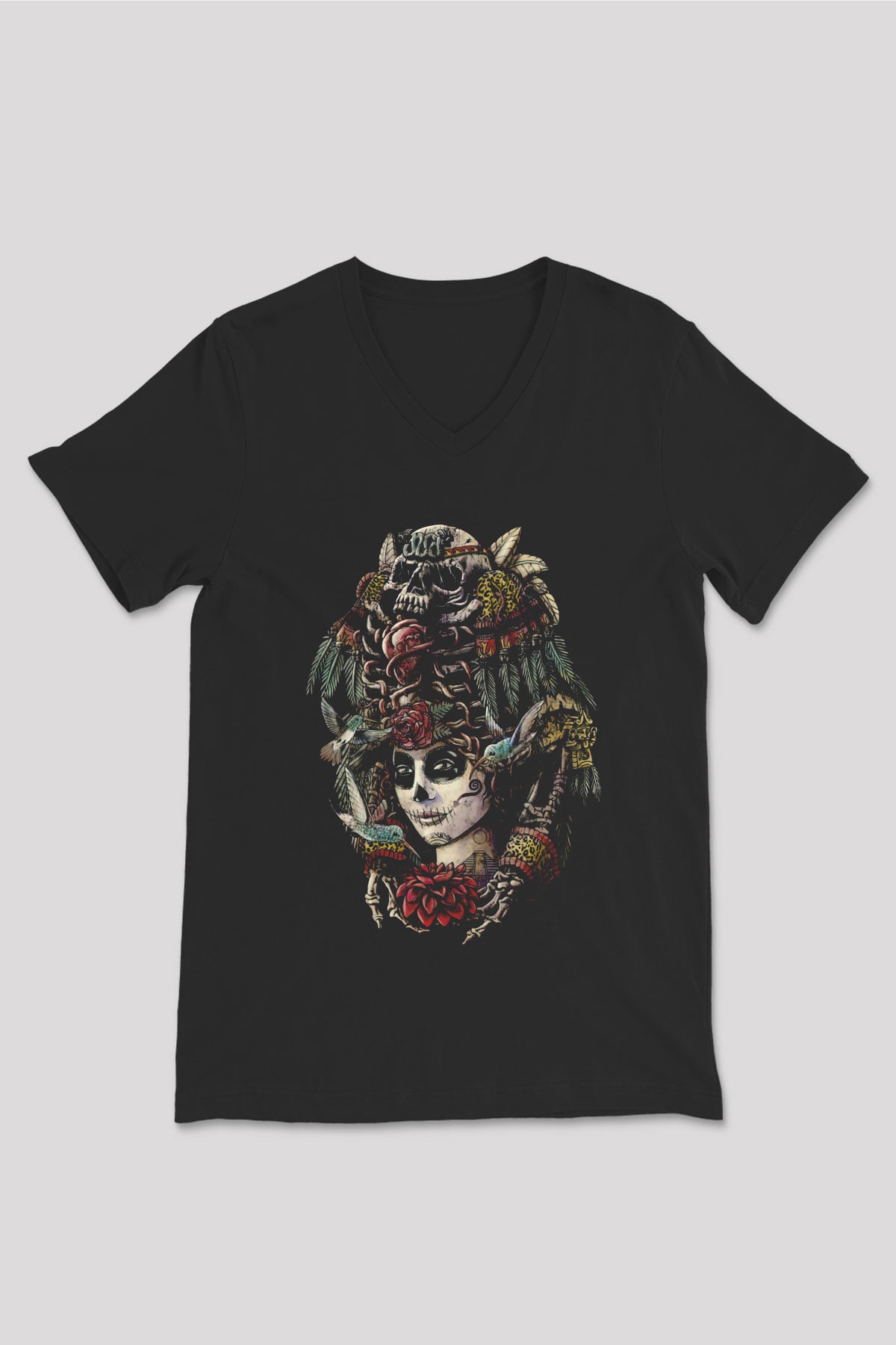 Day of the Dead Siyah Unisex  V Yaka Tişört