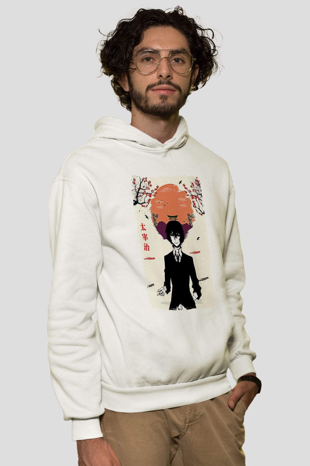 Dazai Baskılı Beyaz Unisex Hoodie