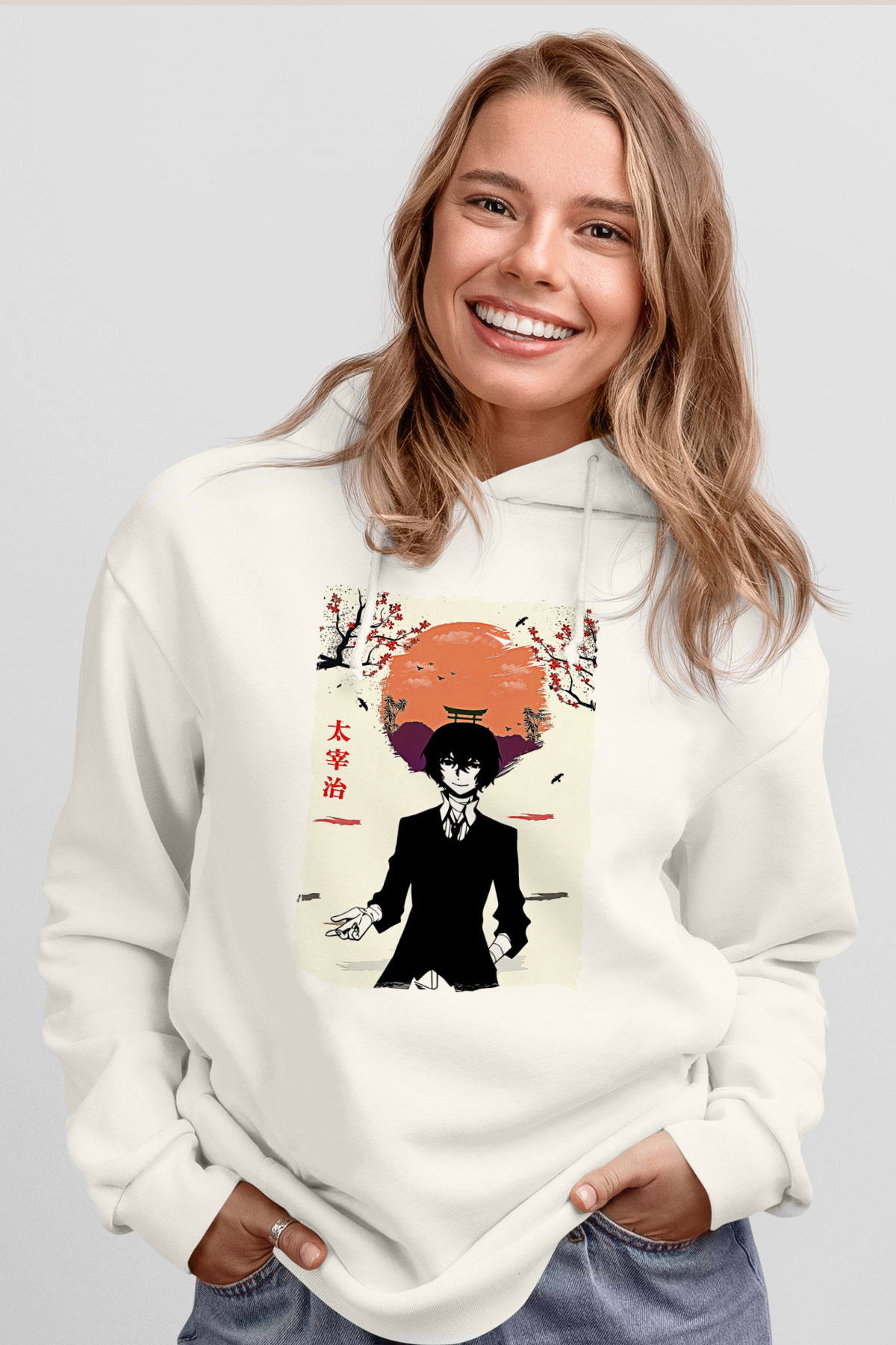 Dazai Baskılı Beyaz Unisex Hoodie
