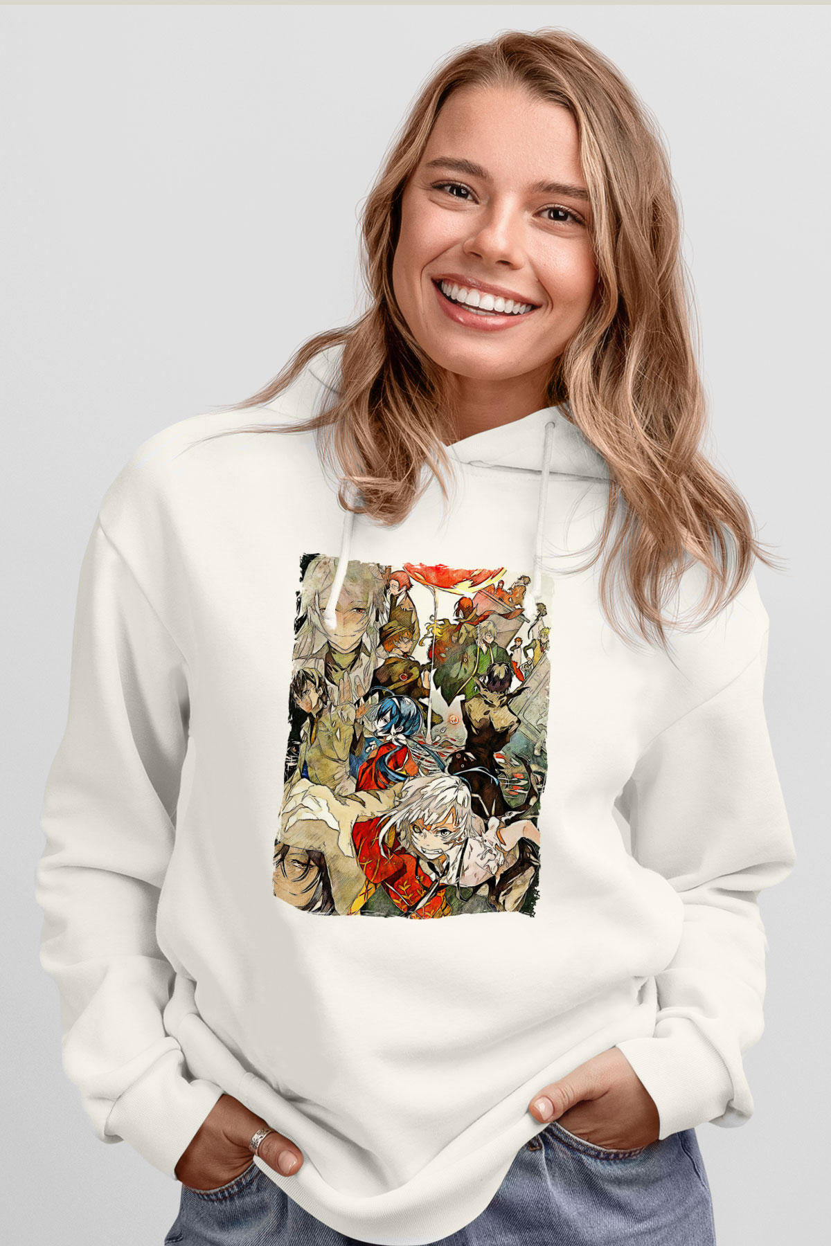 Dazai Baskılı Beyaz Unisex Hoodie