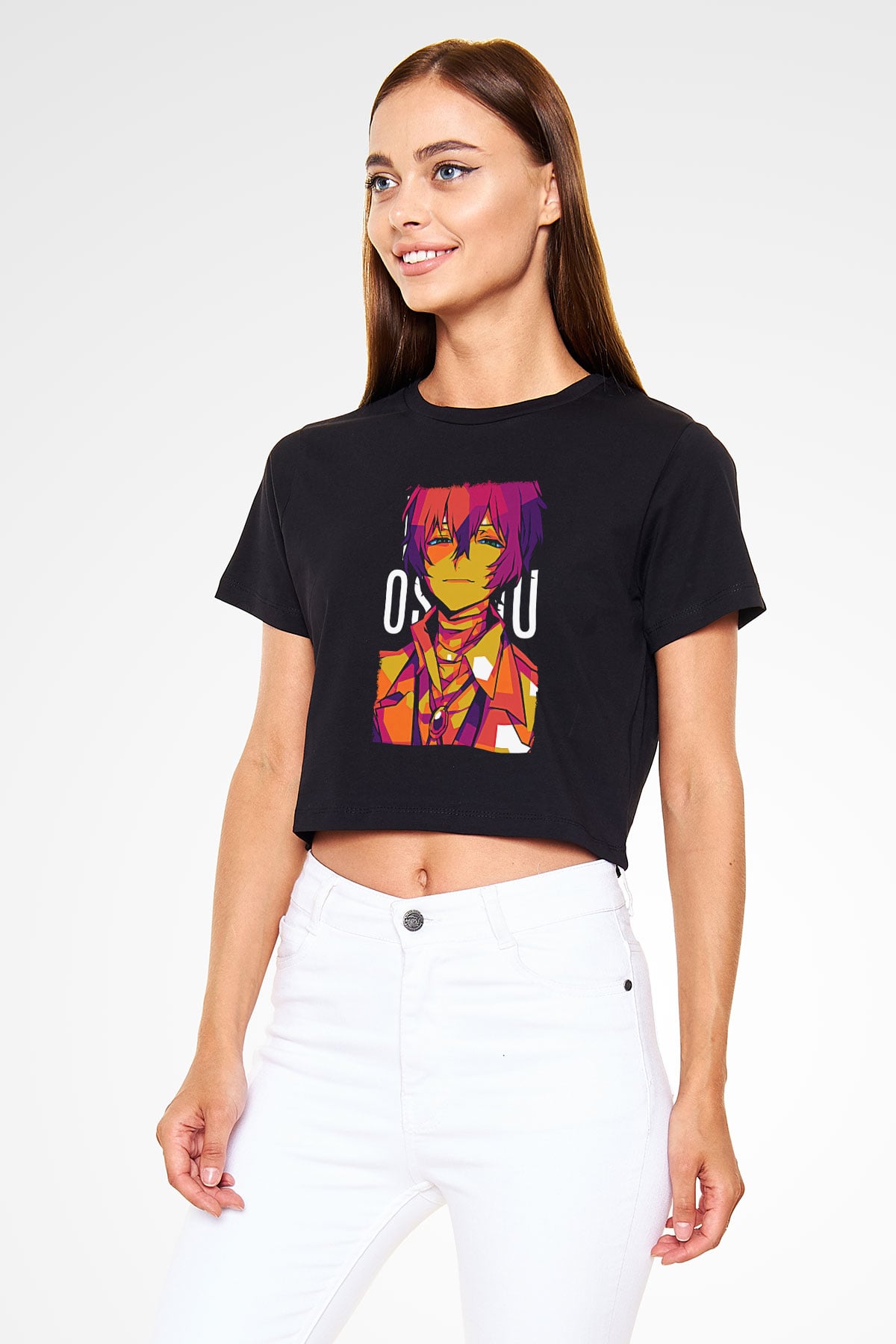 Dazai Baskılı Siyah Crop Top Kadın Tişört - Tshirt