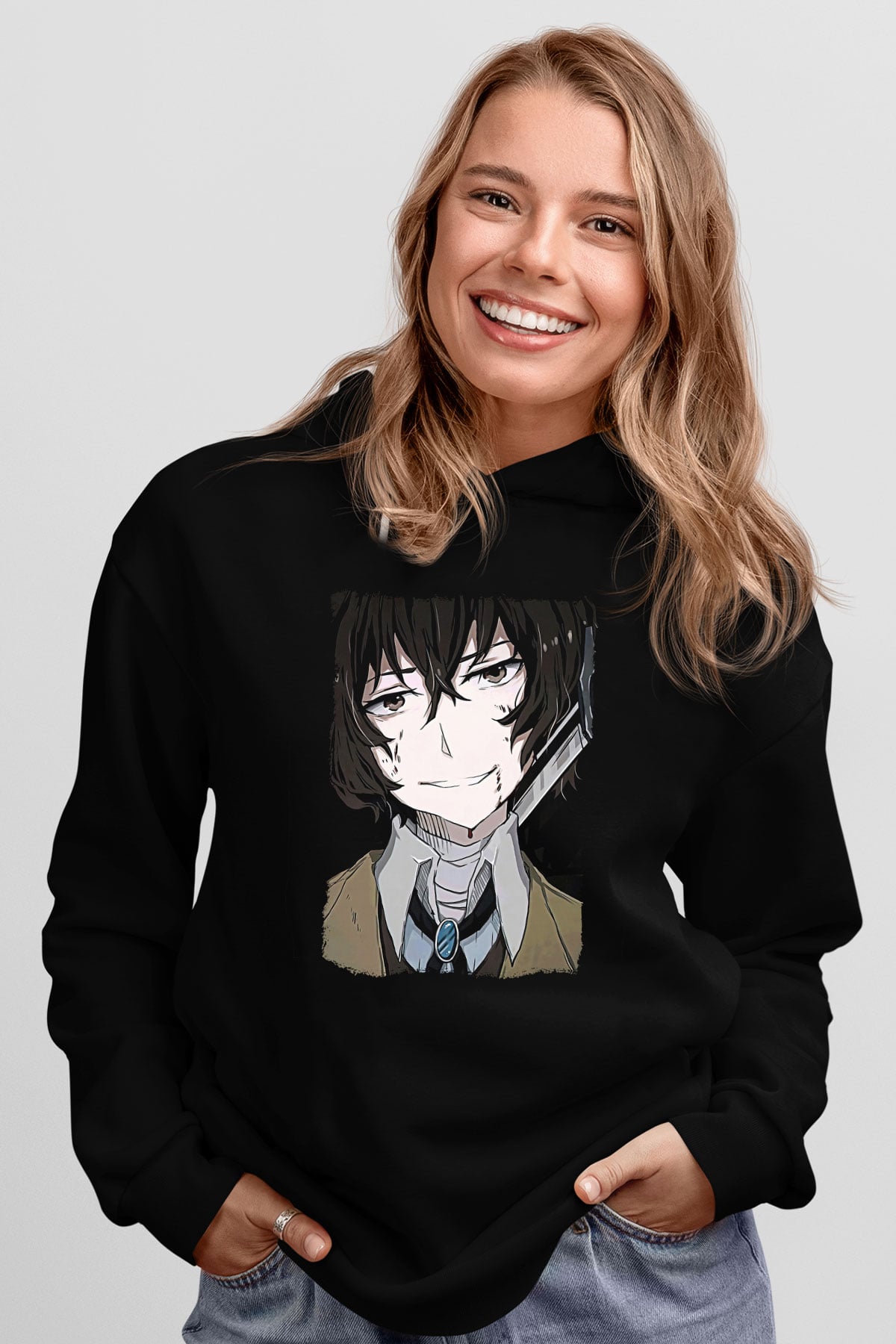 Dazai Baskılı Unisex Siyah Hoodie