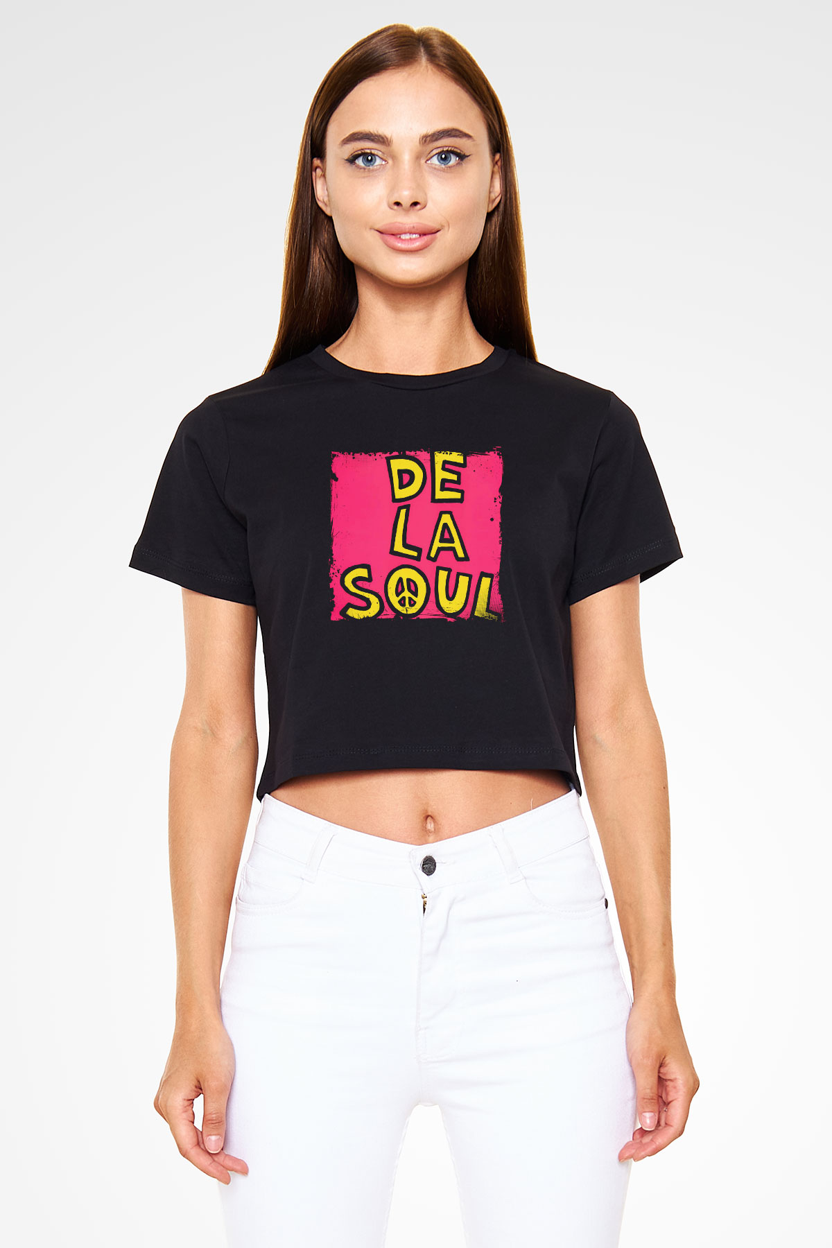 De La Soul Baskılı Crop Top Siyah Kadın Tişört