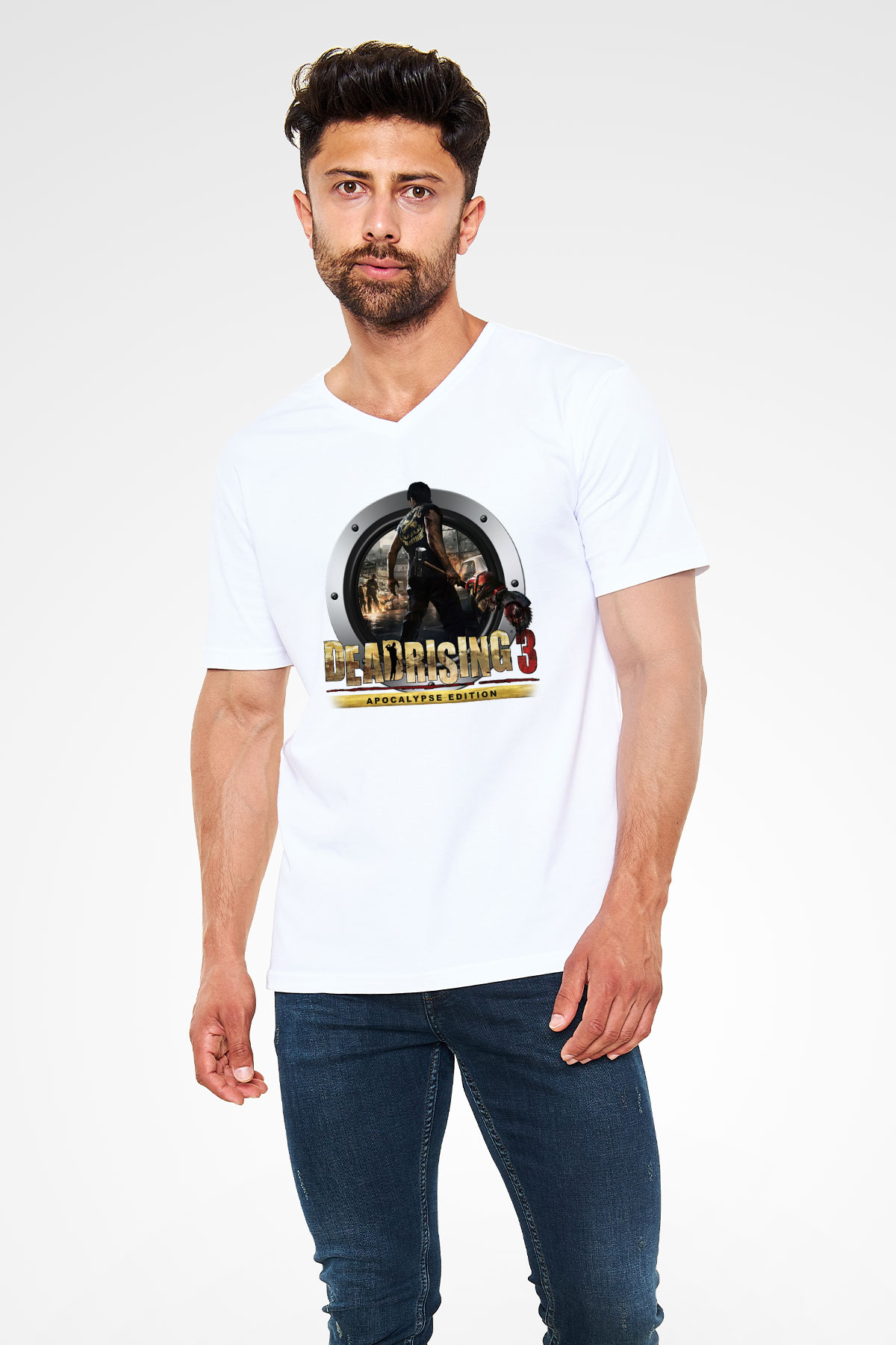 Dead Rising Beyaz Unisex V Yaka Tişört