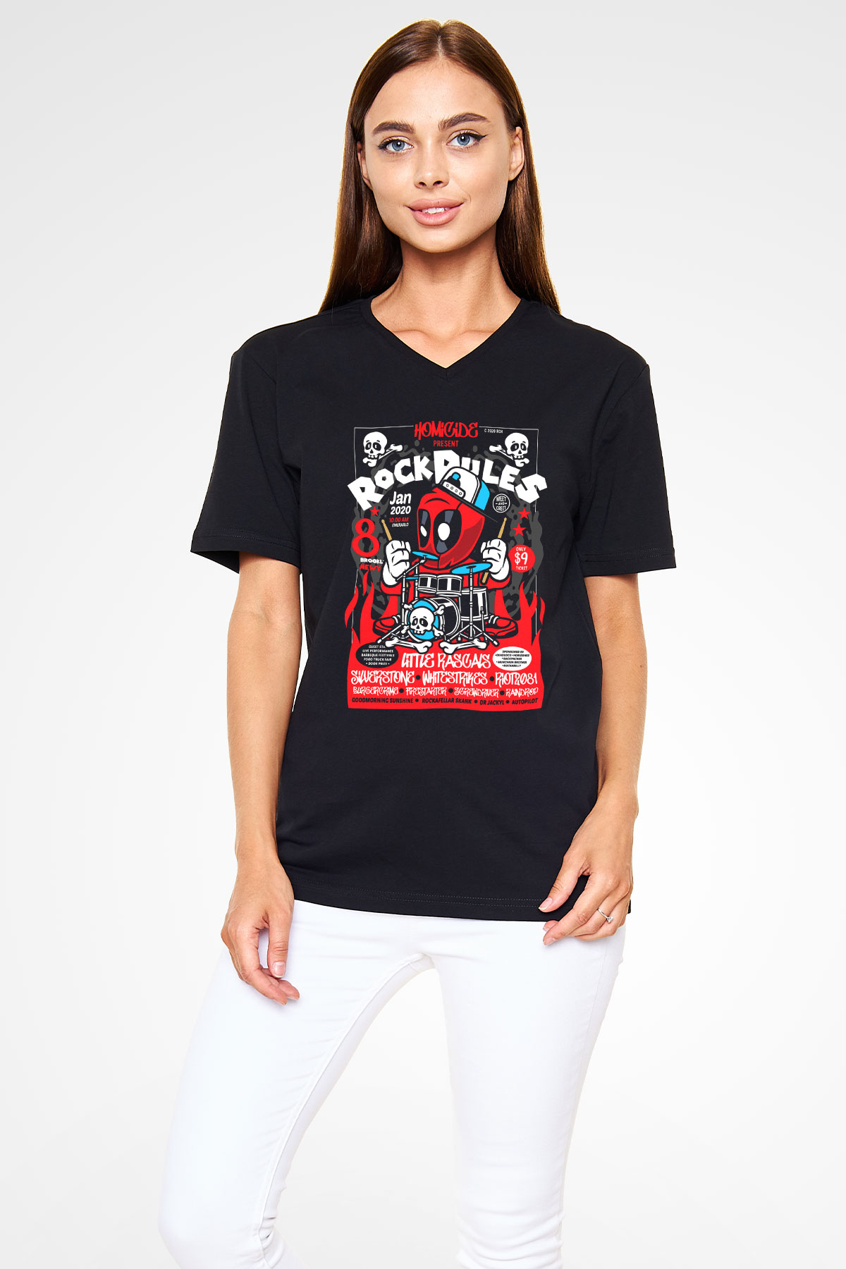 Dead Rock Poster Baskılı Unisex Siyah V Yaka Tişört