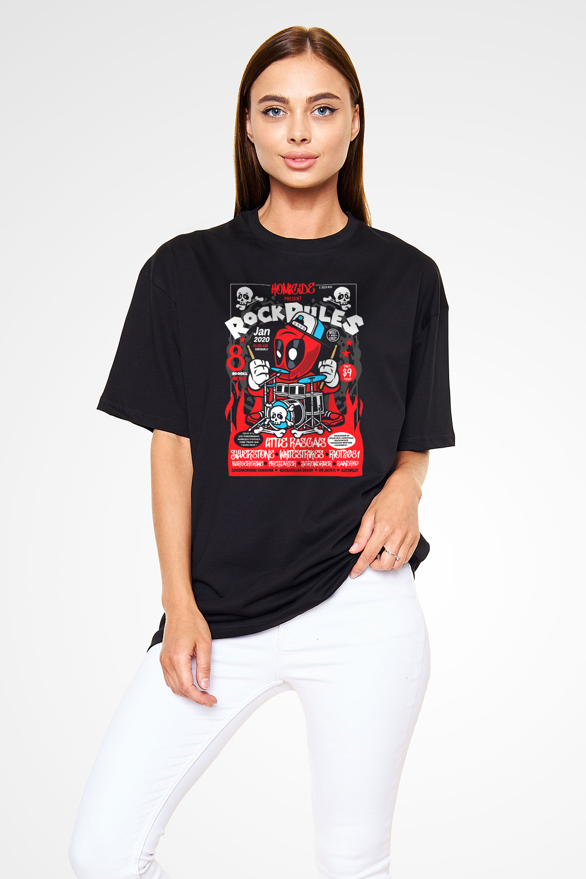 Dead Rock Poster Baskılı Unisex Siyah Oversize Tişört