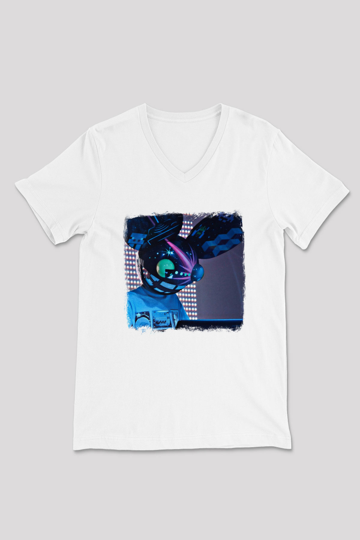 Deadmau5 Baskılı Unisex Beyaz V Yaka Tişört