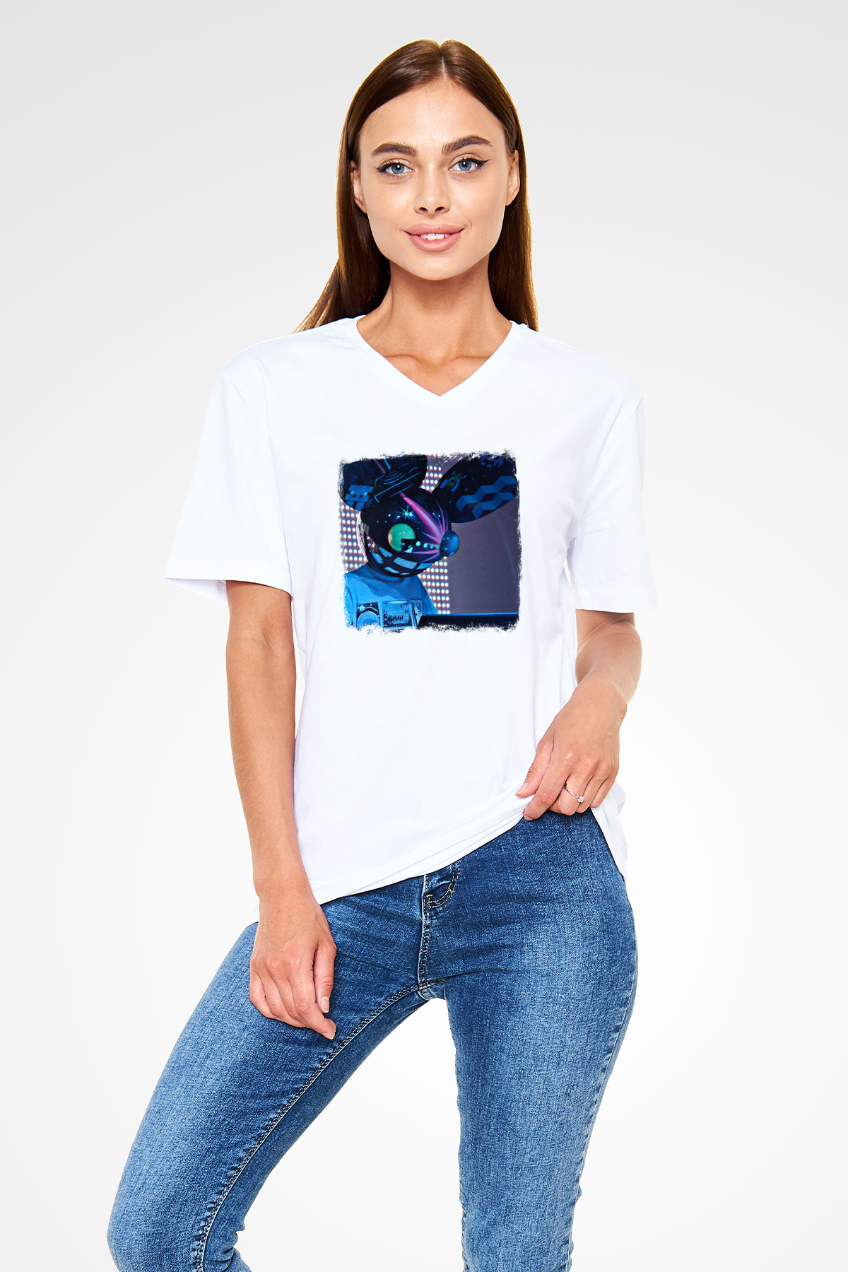 Deadmau5 Baskılı Unisex Beyaz V Yaka Tişört