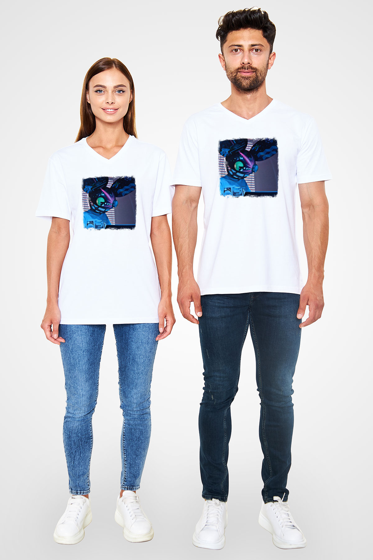 Deadmau5 Baskılı Unisex Beyaz V Yaka Tişört