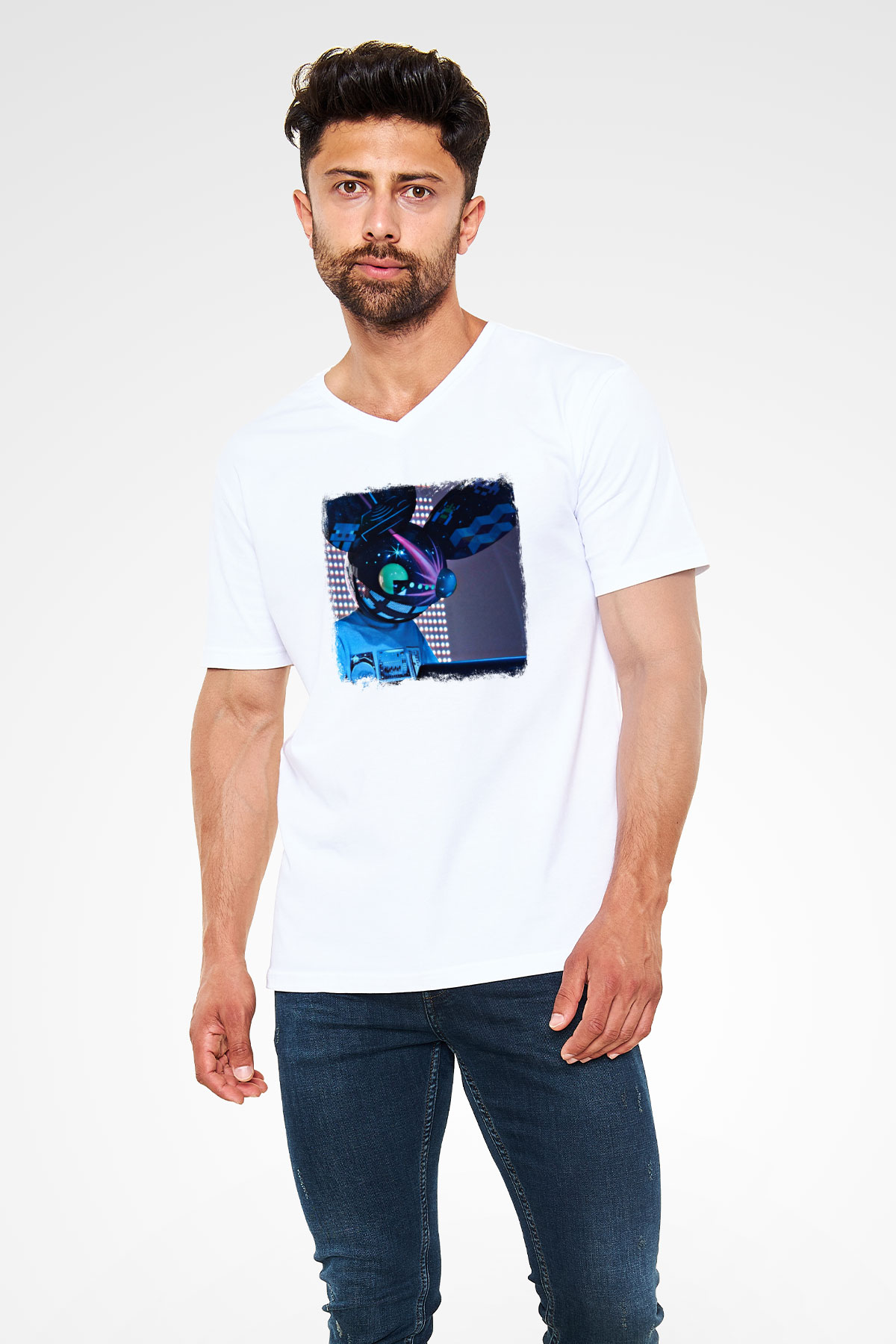 Deadmau5 Baskılı Unisex Beyaz V Yaka Tişört