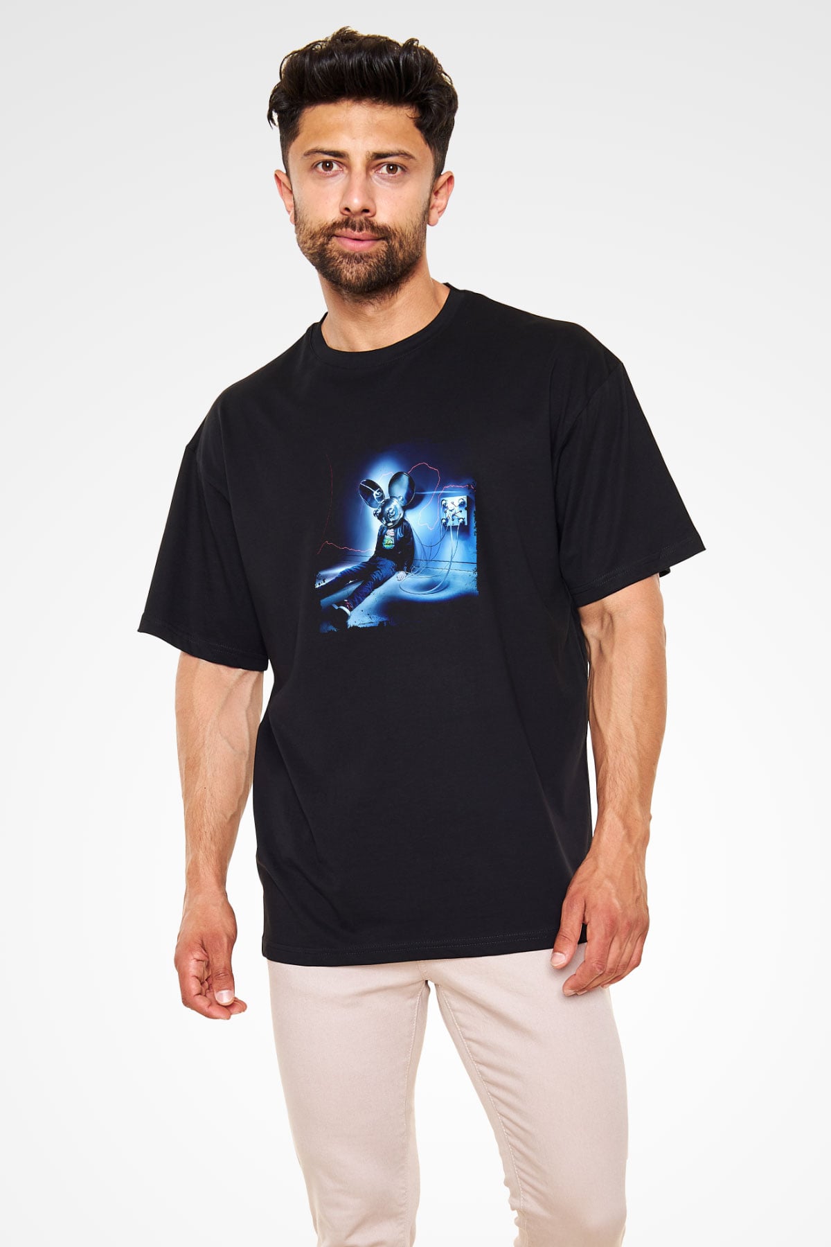 Deadmau5 Baskılı Unisex Oversize Siyah Tişört
