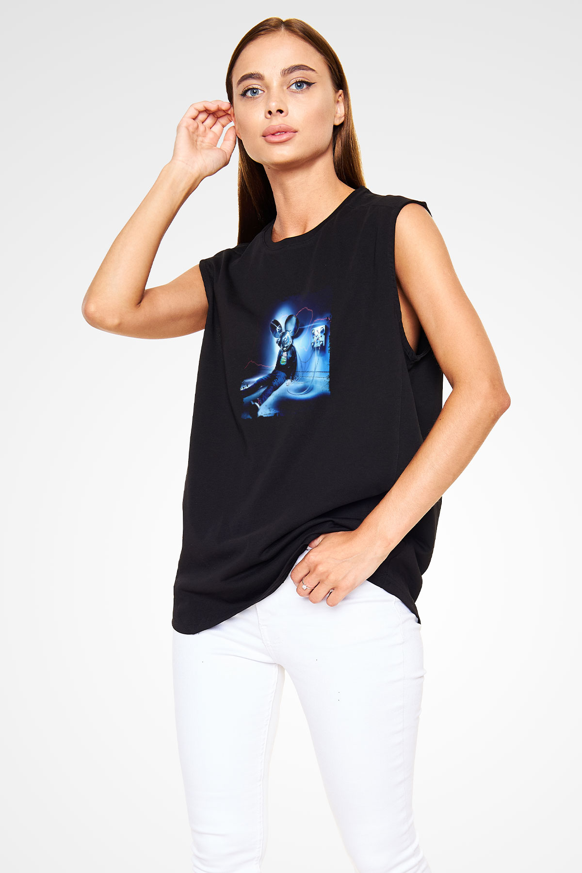 Deadmau5 Baskılı Unisex Siyah Kolsuz Tişört