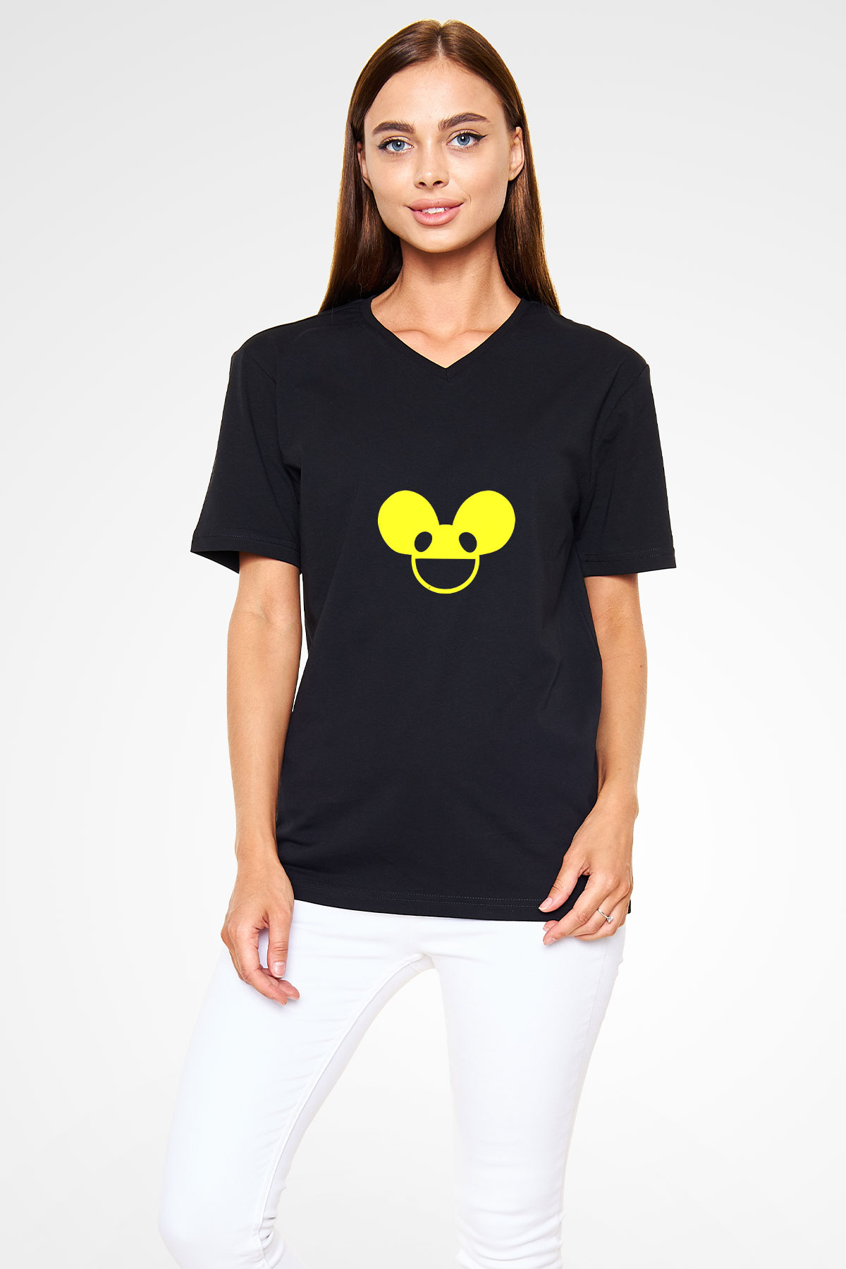 Deadmau5 Baskılı Unisex Siyah V Yaka Tişört