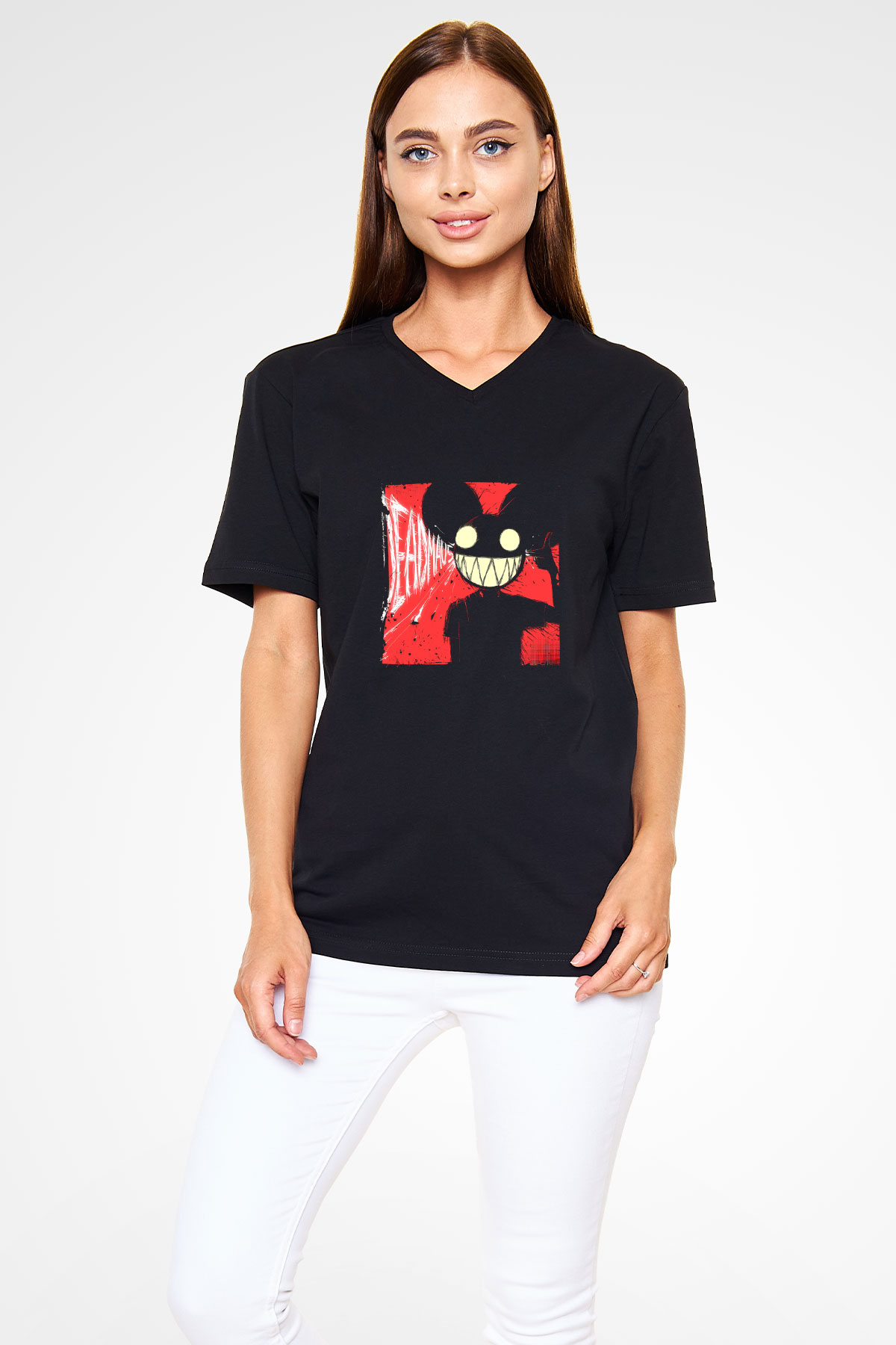 Deadmau5 Baskılı Unisex Siyah V Yaka Tişört