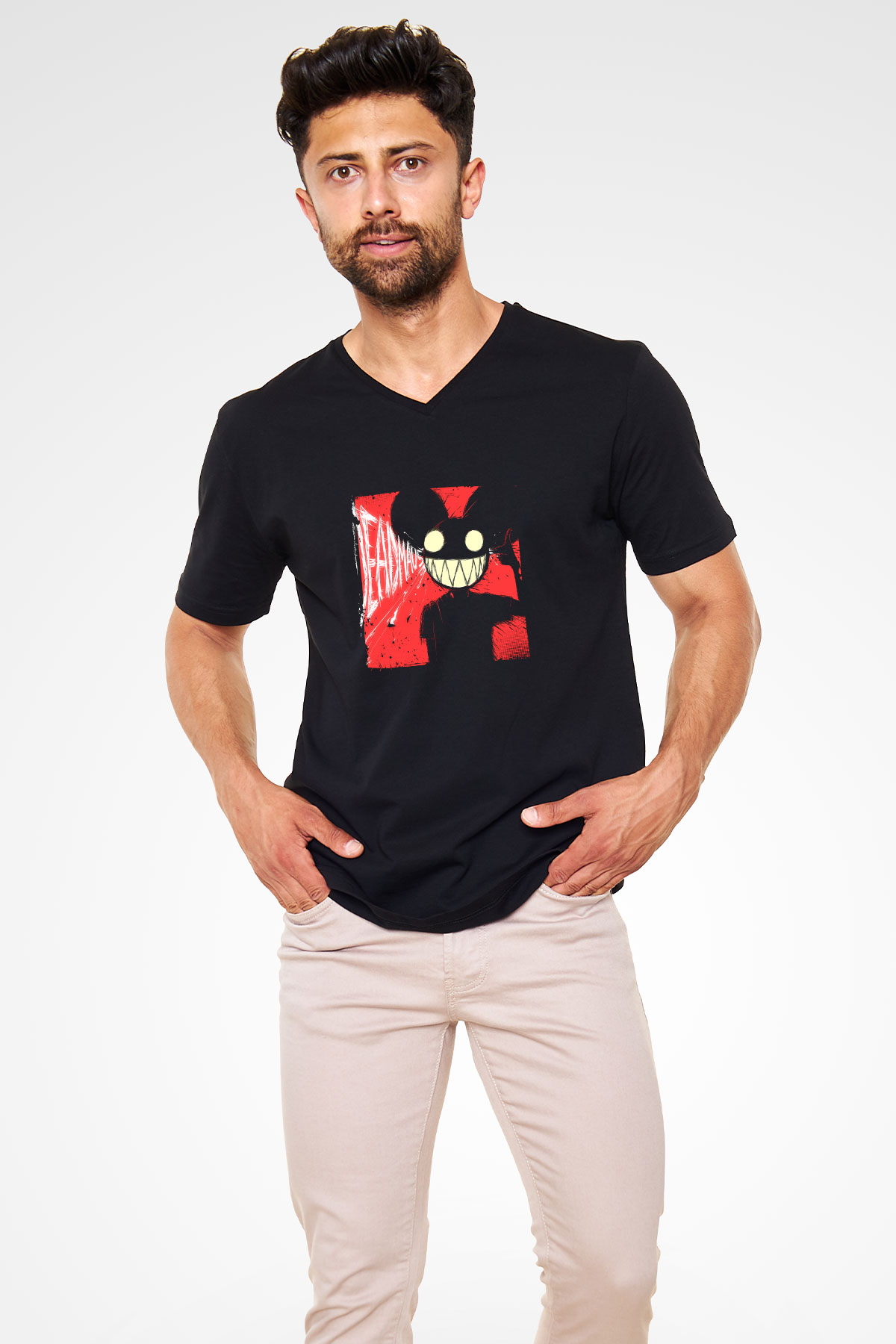 Deadmau5 Baskılı Unisex Siyah V Yaka Tişört