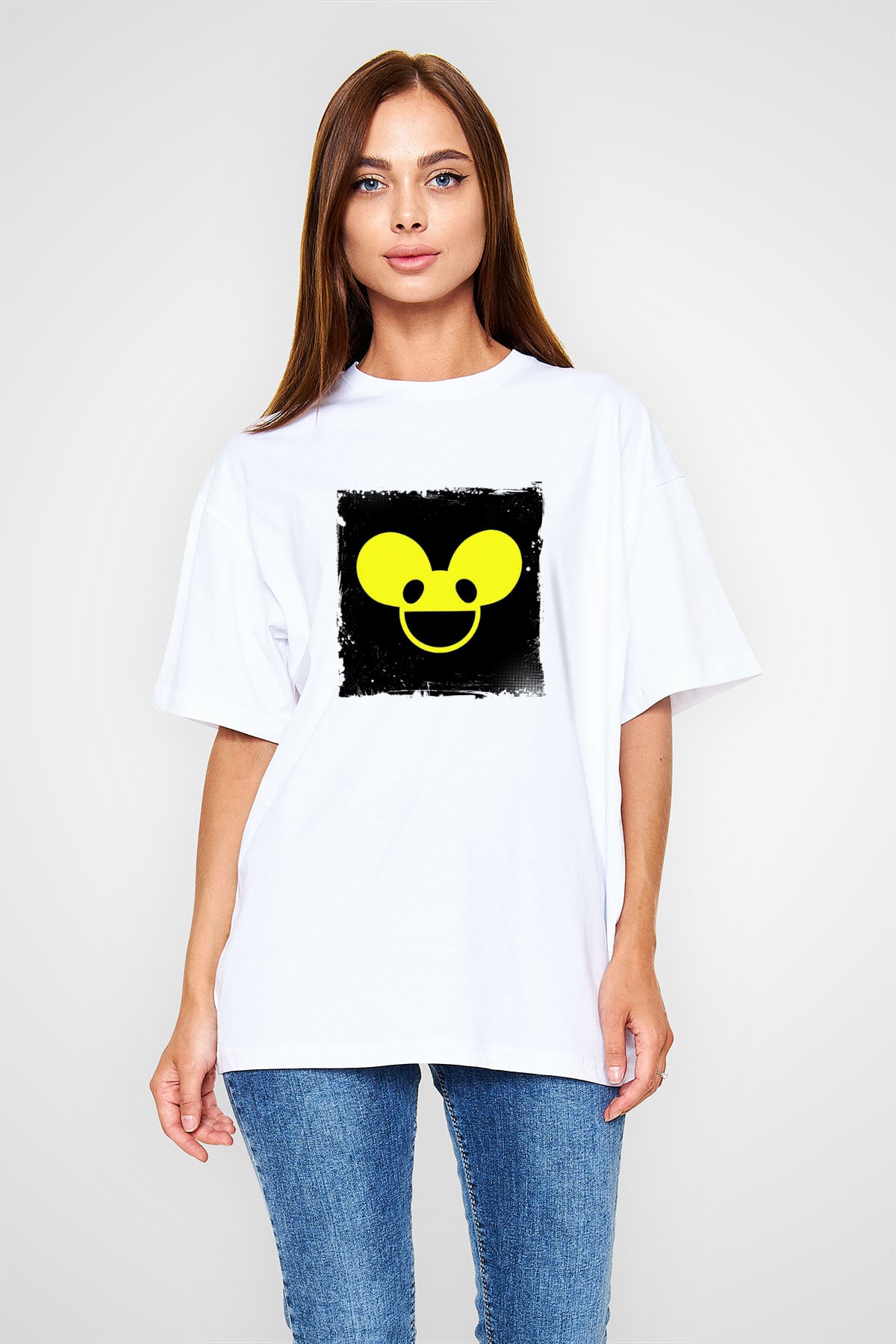 Deadmau5Baskılı Beyaz Oversize Tişört