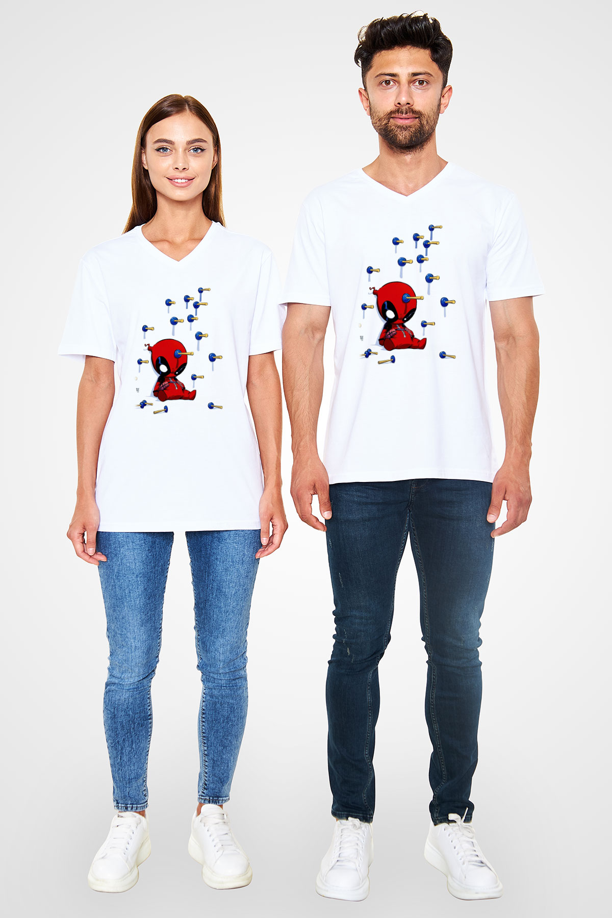 Deadpool Baskılı Unisex Beyaz  V Yaka Tişört