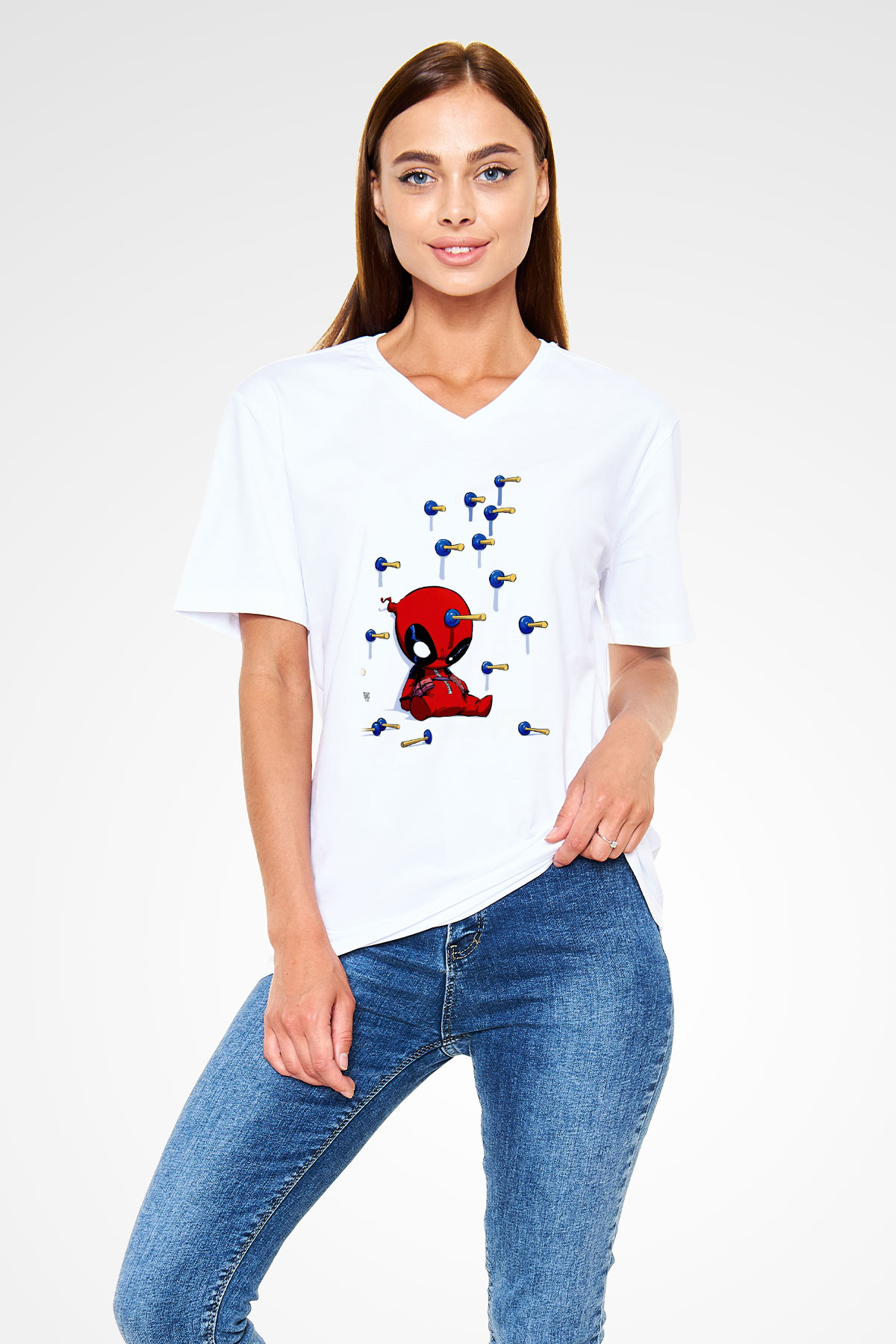 Deadpool Baskılı Unisex Beyaz  V Yaka Tişört