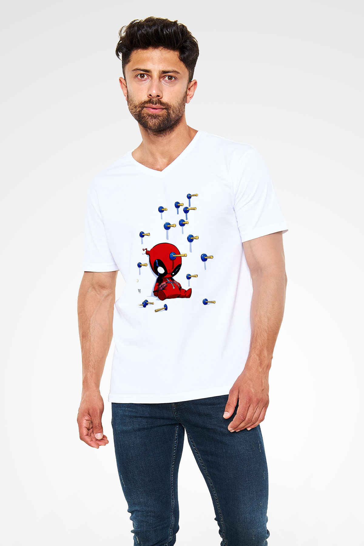 Deadpool Baskılı Unisex Beyaz  V Yaka Tişört