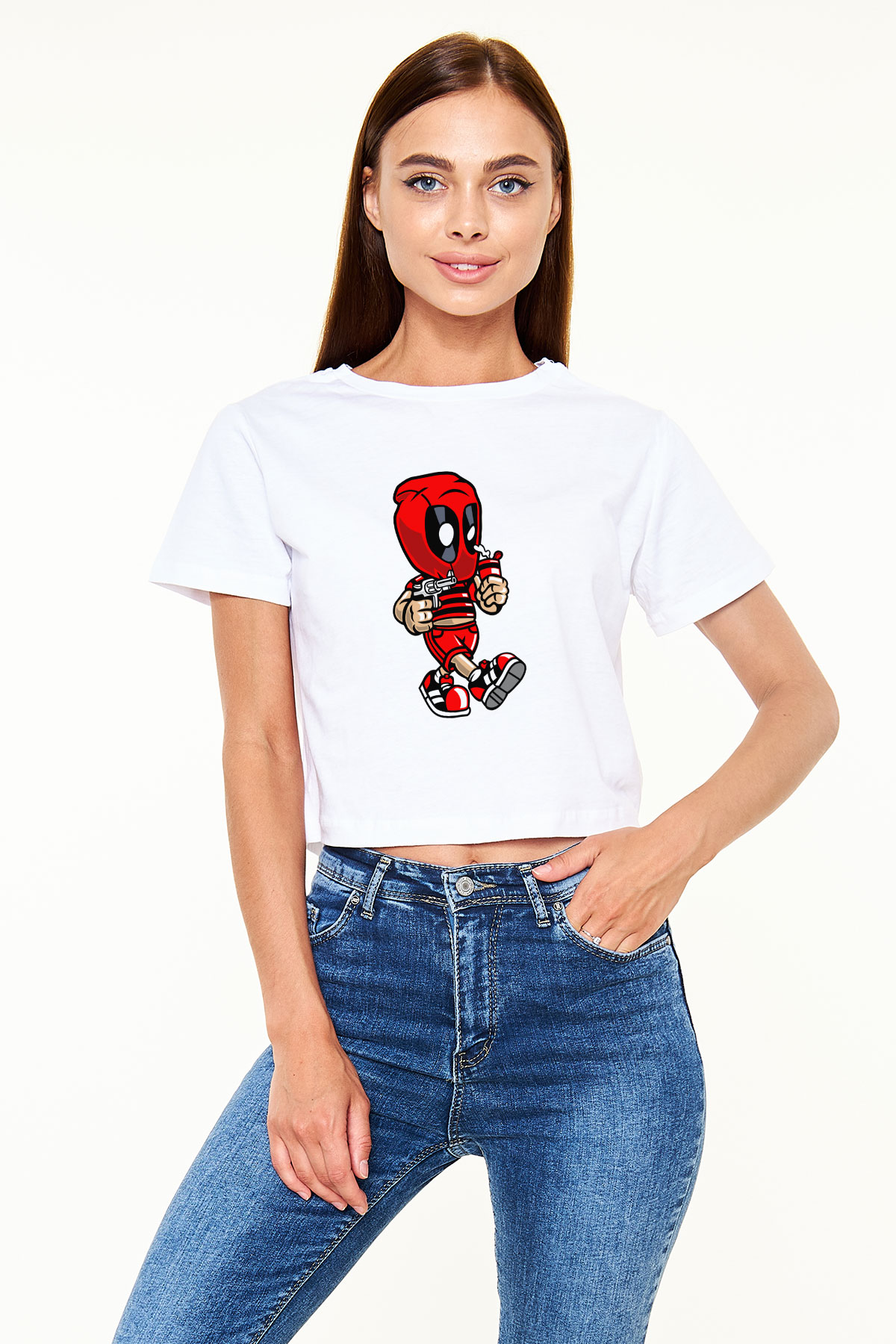 Deadpool Bastard Baskılı Beyaz Kadın Crop Top Tişört