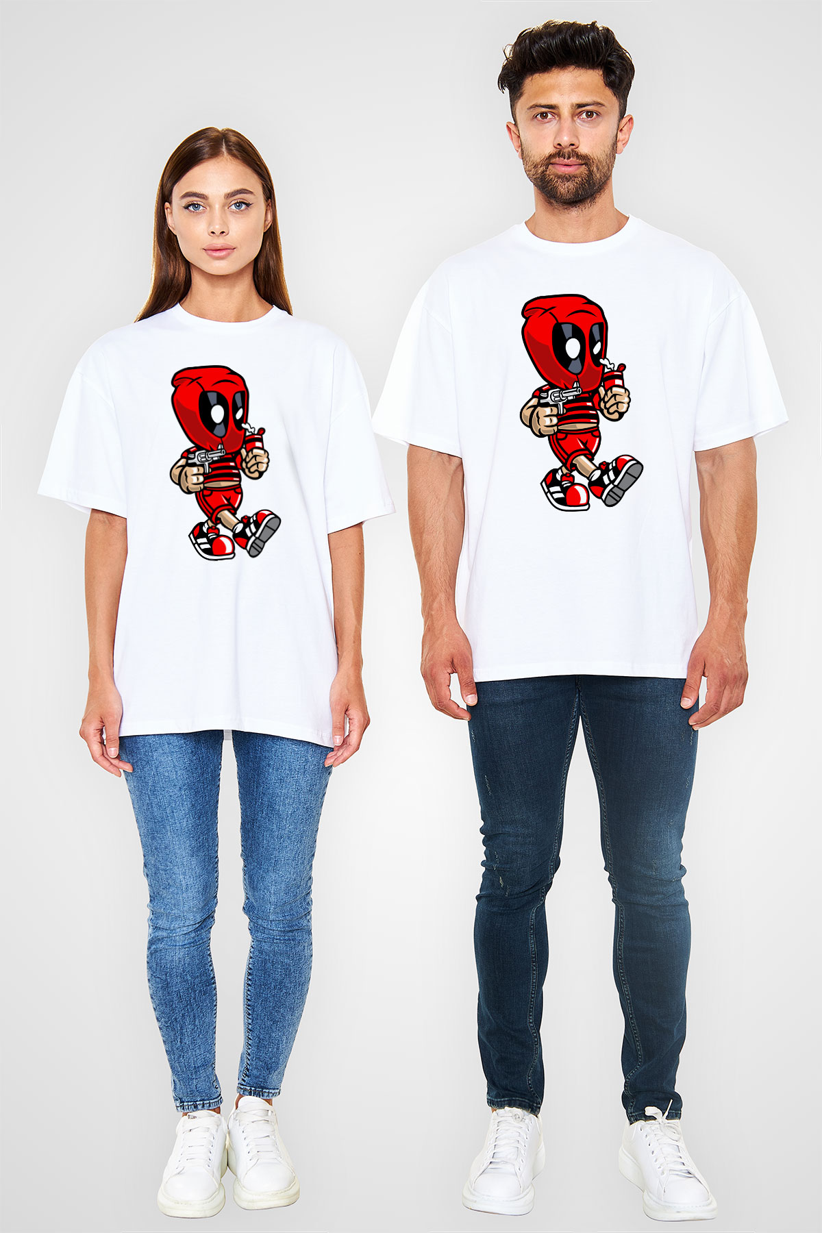 Deadpool Bastard Baskılı Unisex Beyaz Oversize Tişört