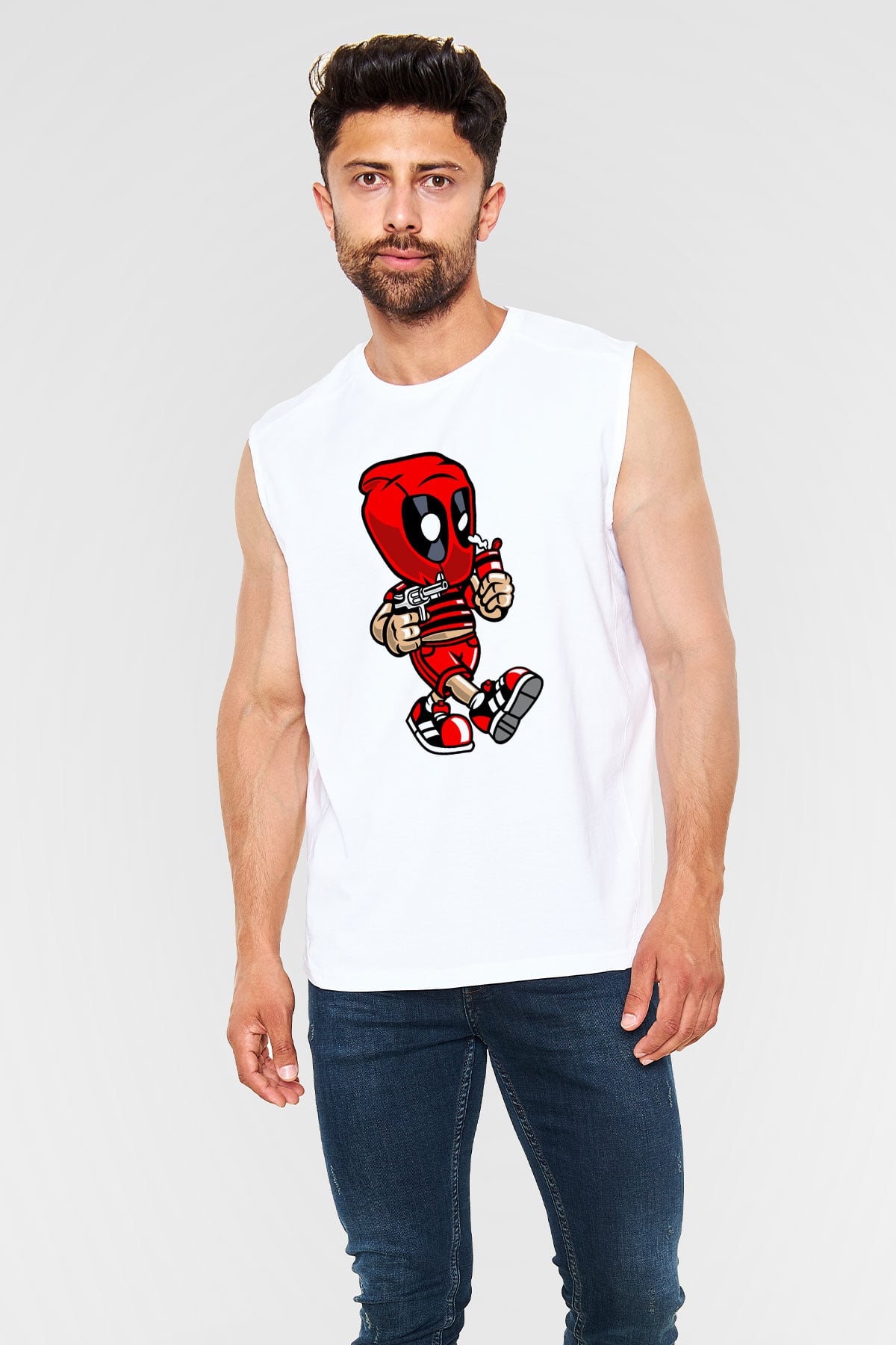 Deadpool Bastard Baskılı Unisex Beyaz Kolsuz Tişört